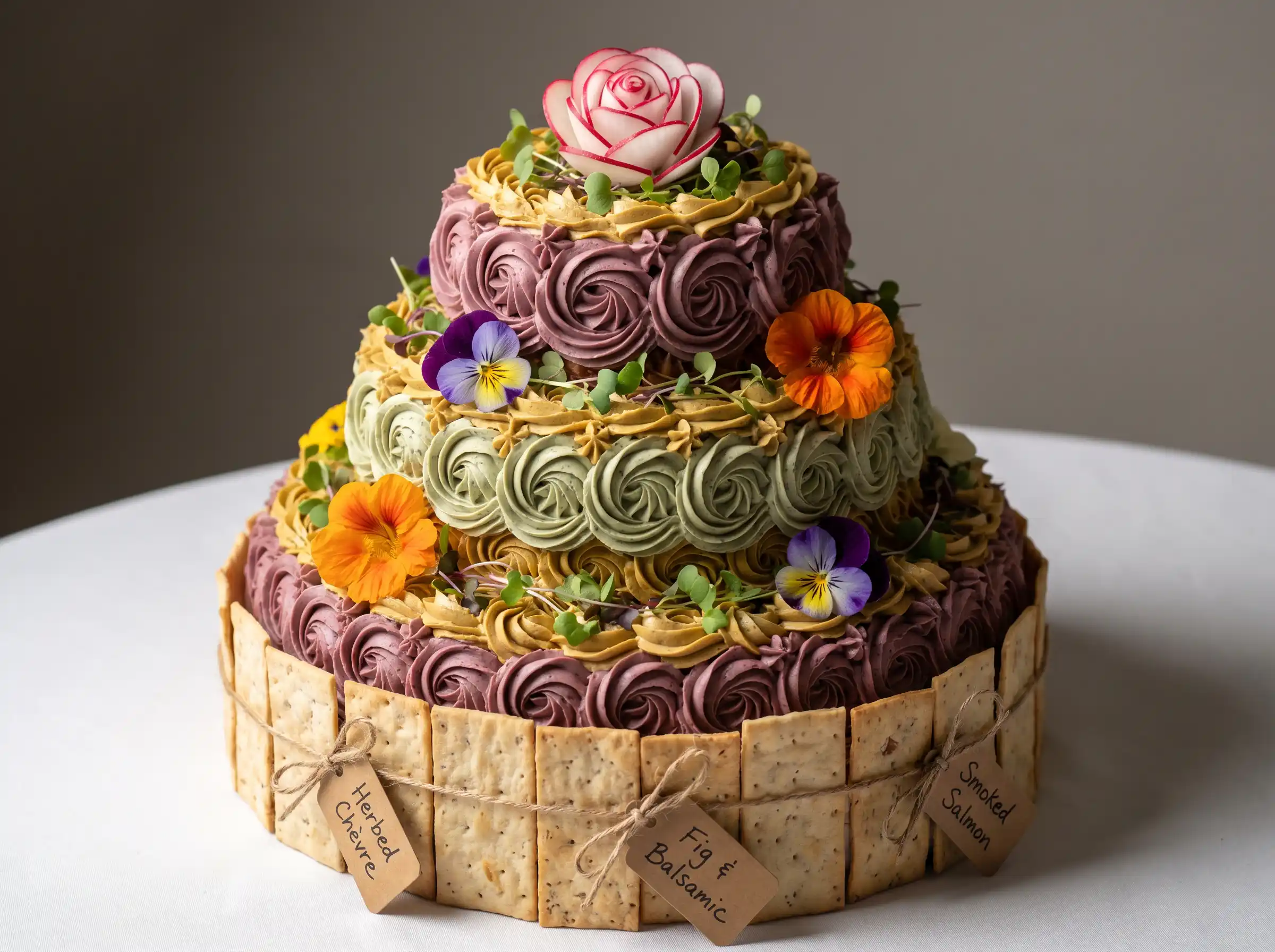 Three tier savory cream cheese cake with piped rosettes edible flowers crackers and radish rose topper for wedding cocktail hour
