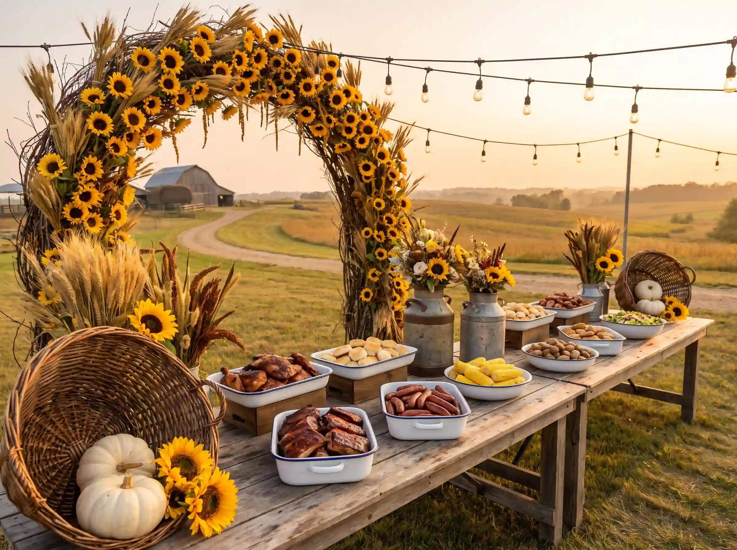 Sunflower prairie BBQ wedding buffet with dramatic sunflower arch and vintage milk can arrangements