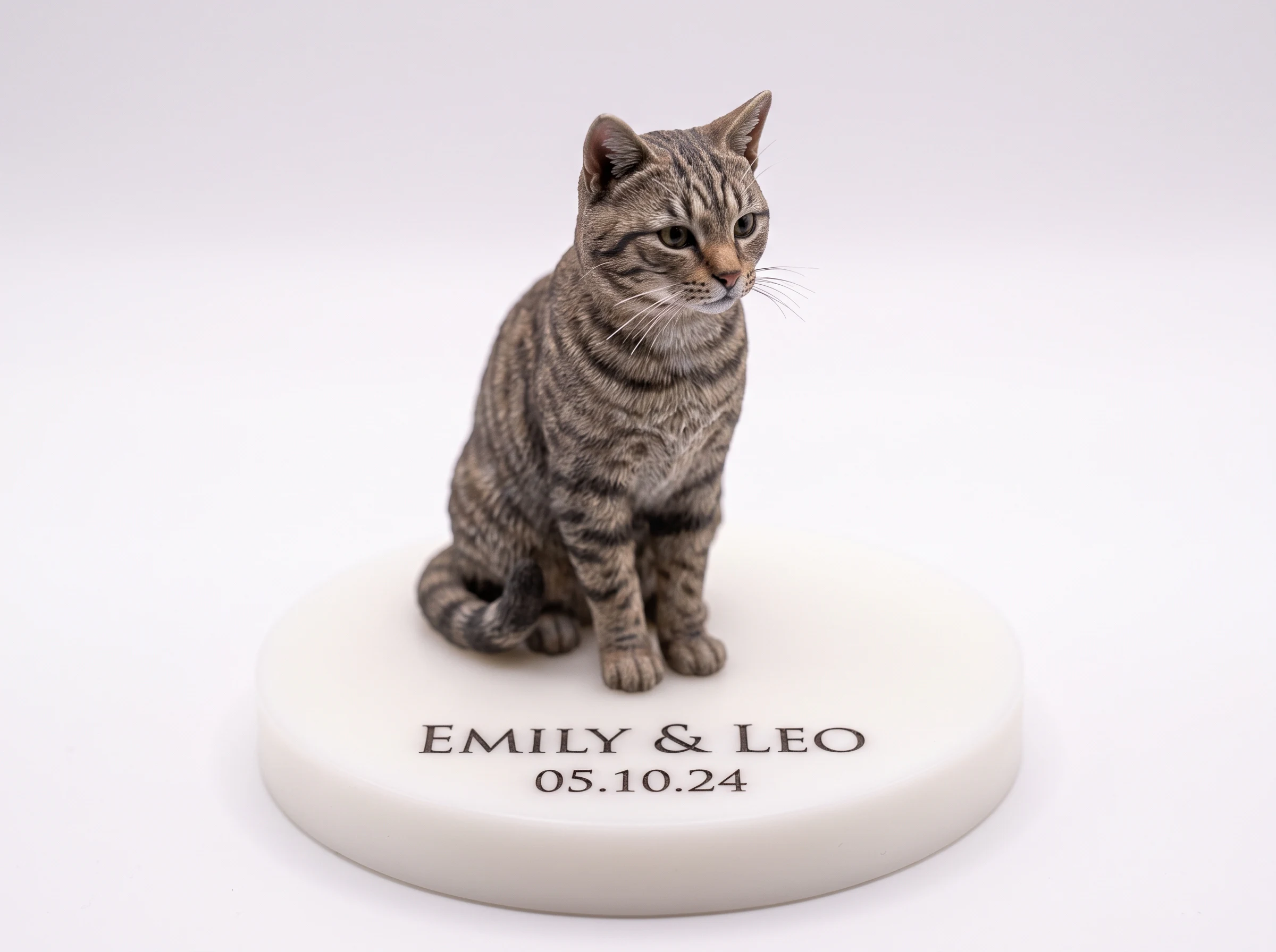 Full-color 3D printed realistic cat cake topper with detailed fur and markings on white base