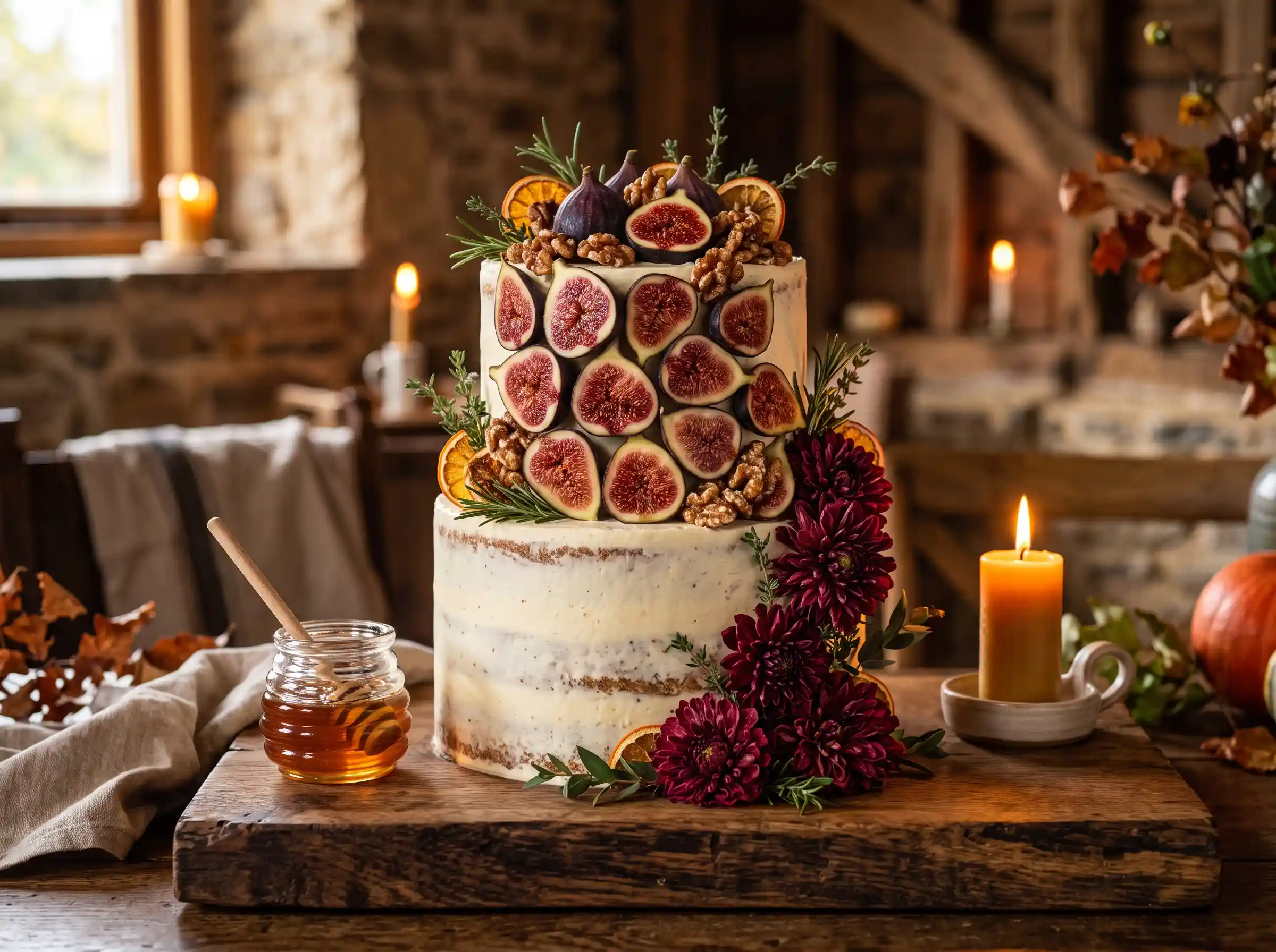 Two-tier semi-naked autumn cake with halved figs candied walnuts dried dahlias and rosemary on oak slab