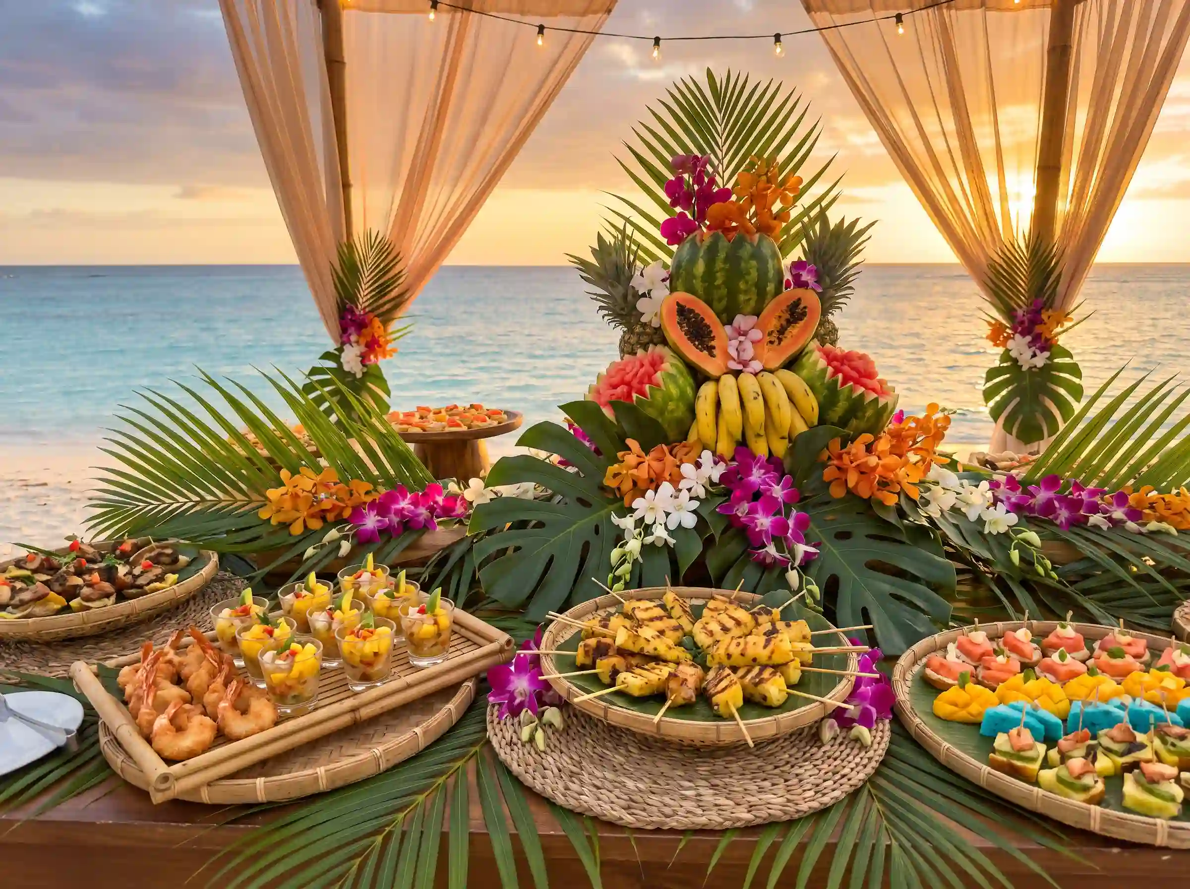 Tropical island wedding buffet with coconut shrimp mango ceviche palm leaves and sunset lighting