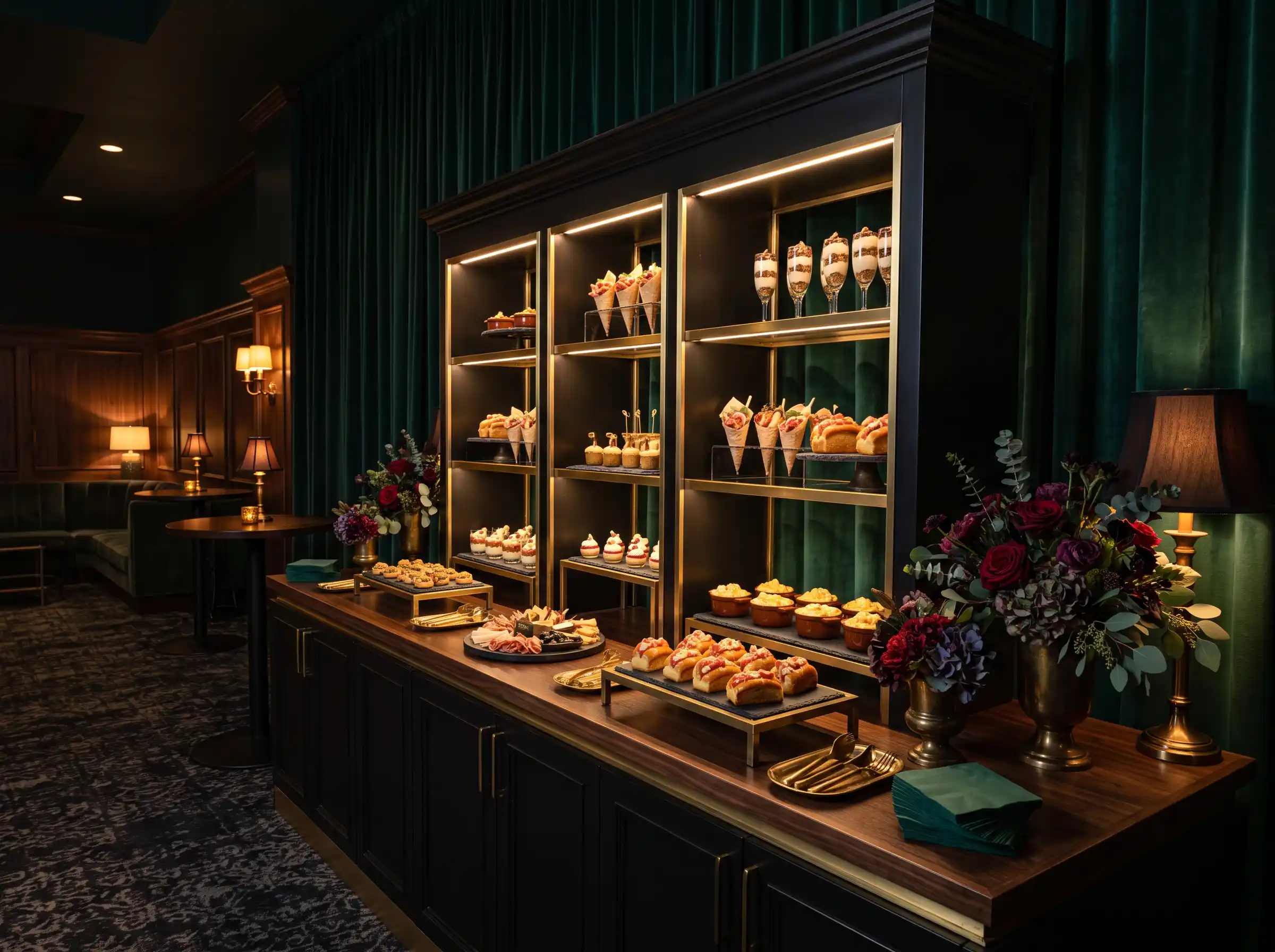 Velvet midnight supper club wedding food display with emerald drapery, brass-lit dessert shelves, and moody floral accents