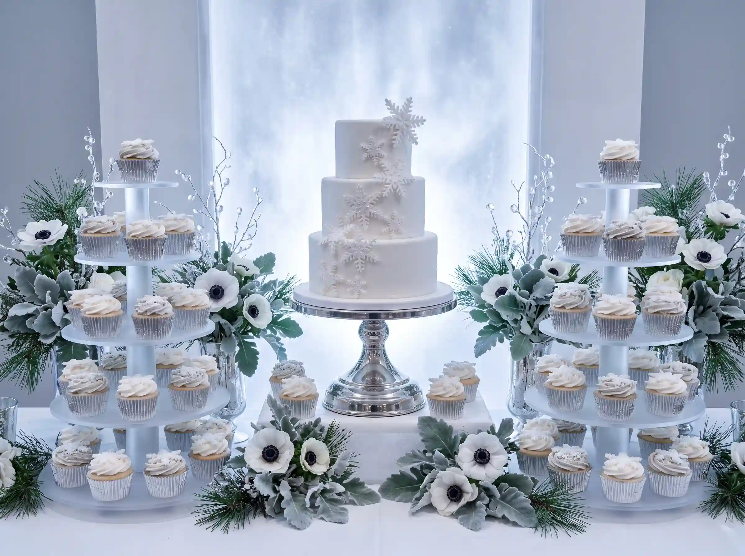 Winter white luxe dessert bar with elegant small wedding cake and frosty cupcakes on display