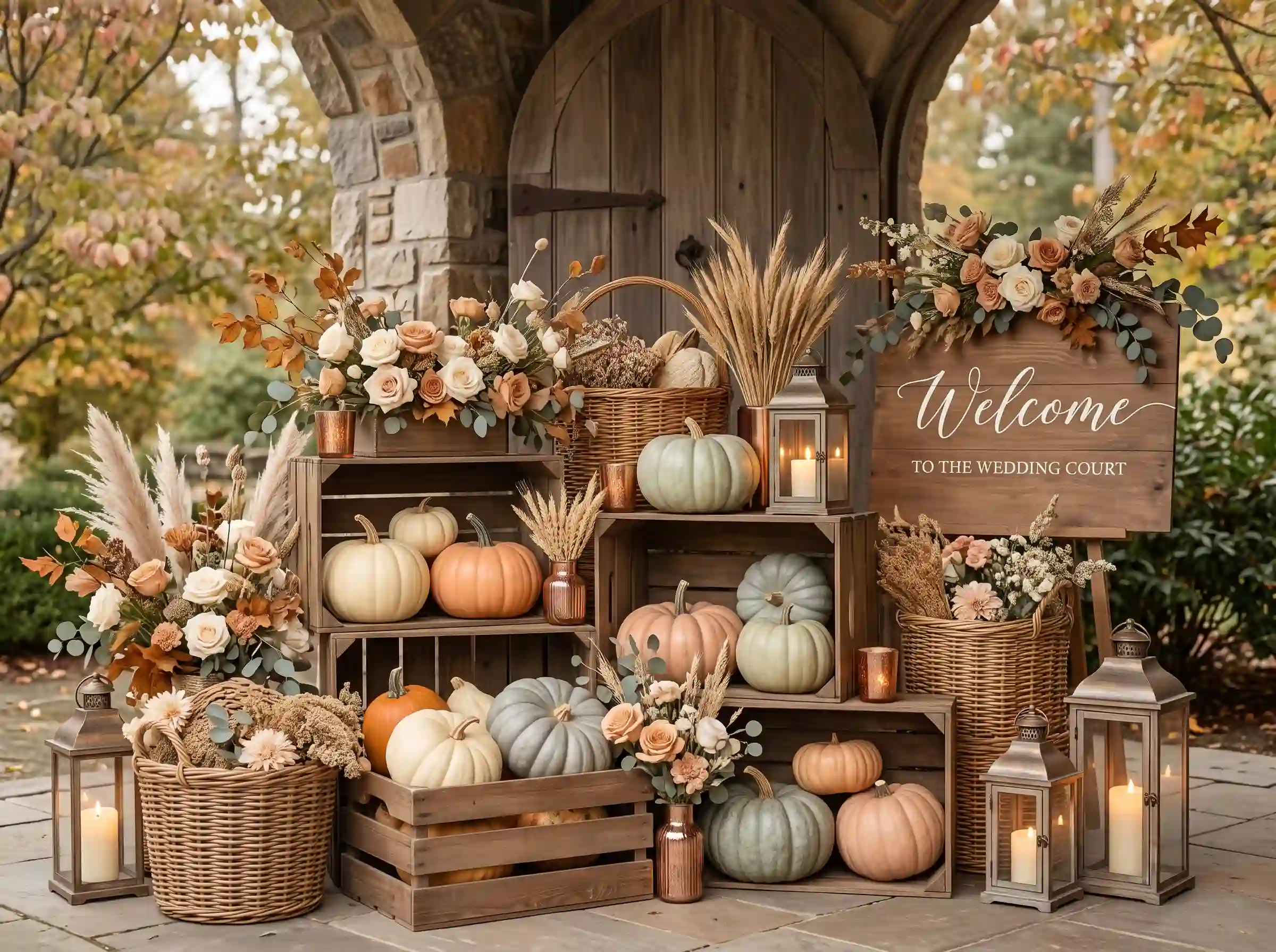 Rustic wedding welcome display with stacked crates pumpkins roses and wooden welcome sign