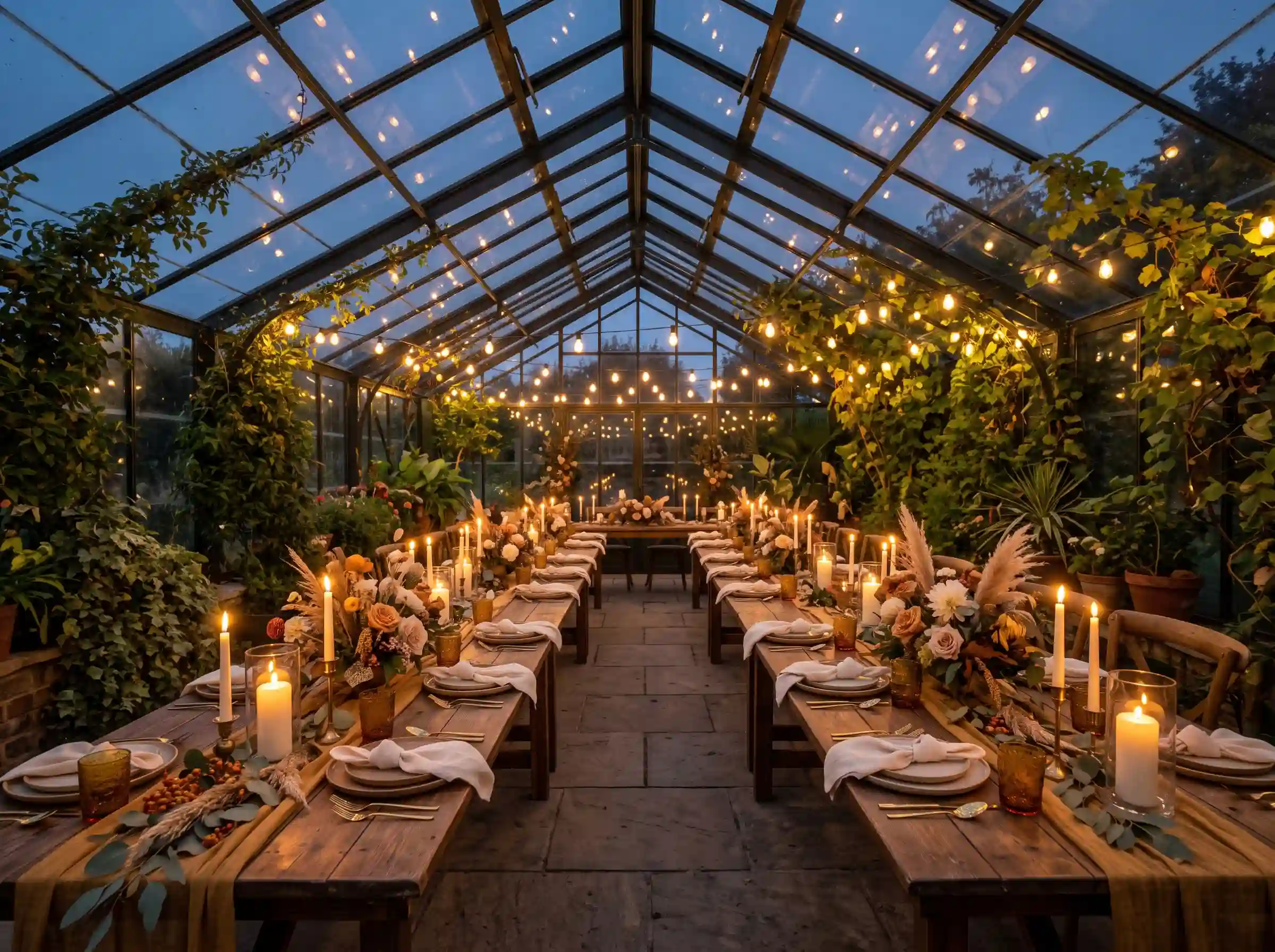Candlelit greenhouse wedding dinner with farmhouse tables string lights and climbing vines at twilight