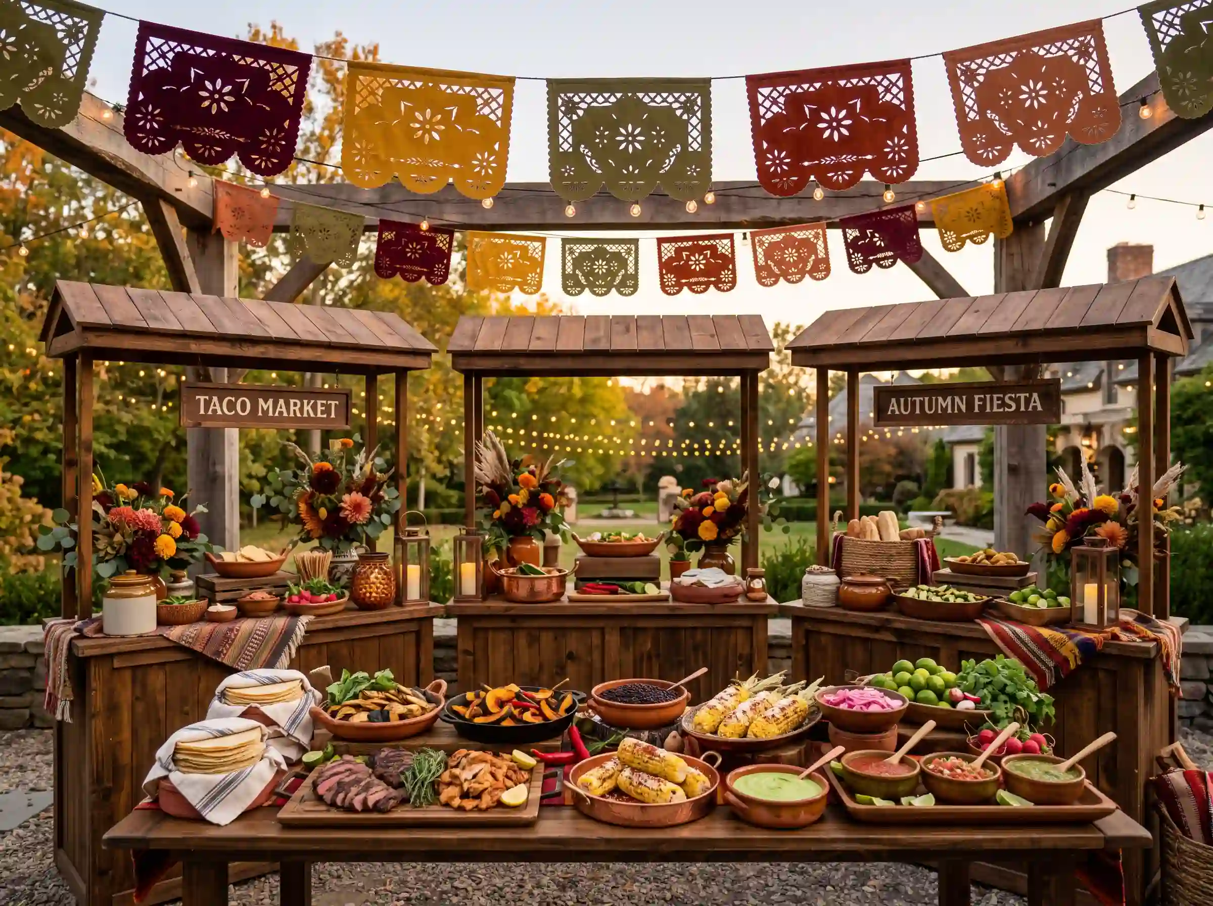 Colorful autumn taco market station with wooden stalls papel picado banners at outdoor fall wedding