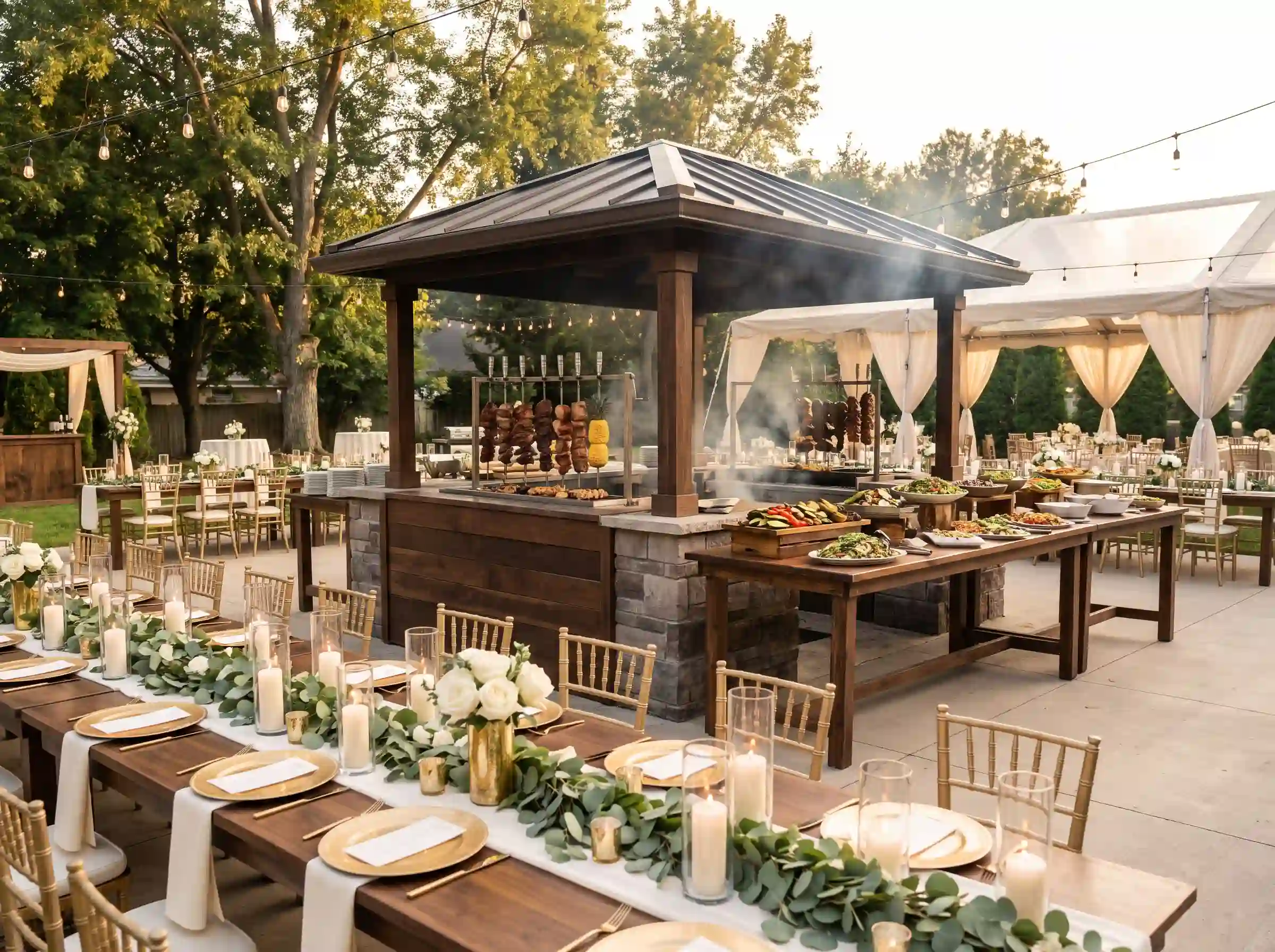 Brazilian churrasco backyard wedding with rotating skewers and elegant eucalyptus garland tables