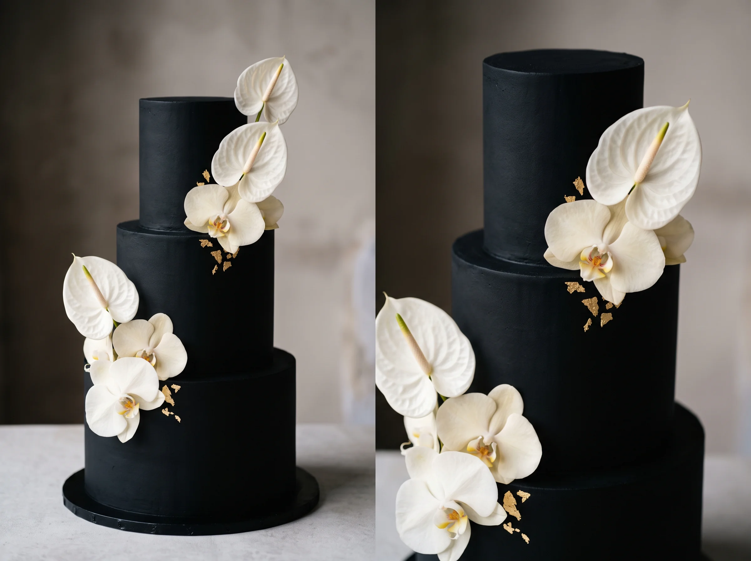Modern black and white wedding cake with bold contrast and sleek formal design elements
