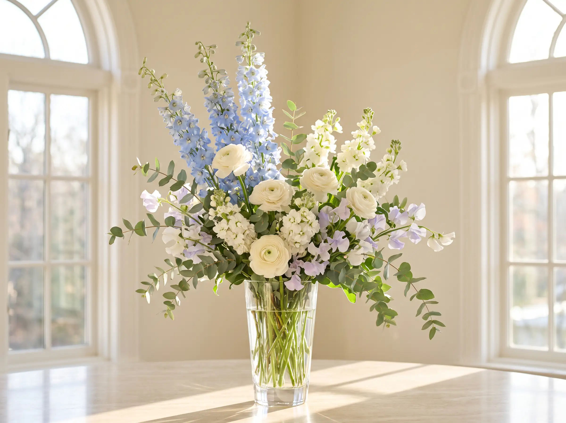 Blue delphinium heights wedding arrangement with powder blue spires ivory ranunculus in crystal vessels