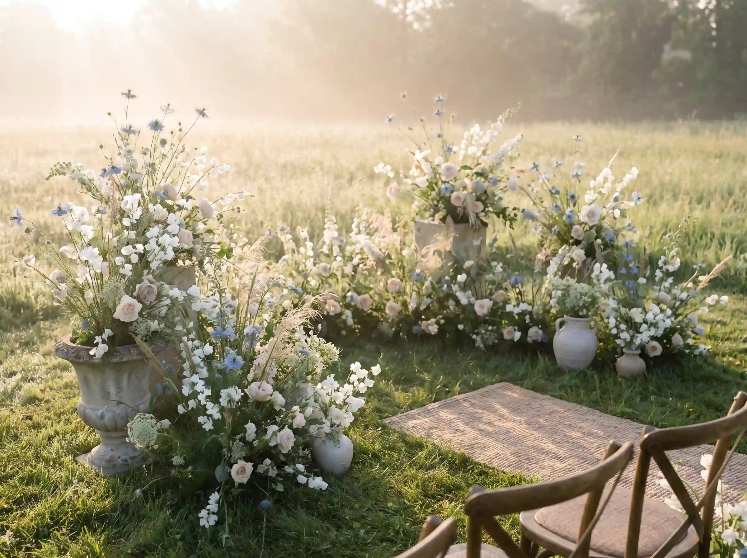 Wispy blue nigella flowers in an ethereal meadow-style wedding ceremony with cosmos and flowering grasses