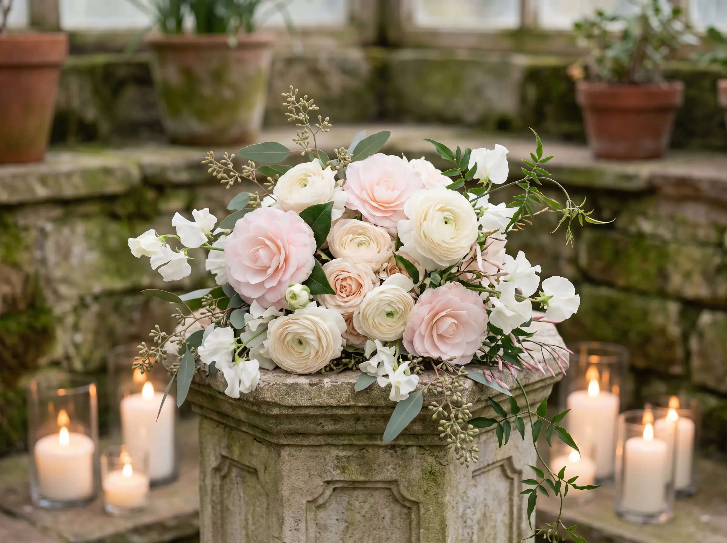 Soft blush camellia winter bridal bouquet with ivory ranunculus and sweet peas