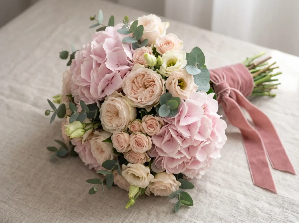 Blush Hydrangea Dream Inspiration Full rounded Blush hydrangea bouquet with roses