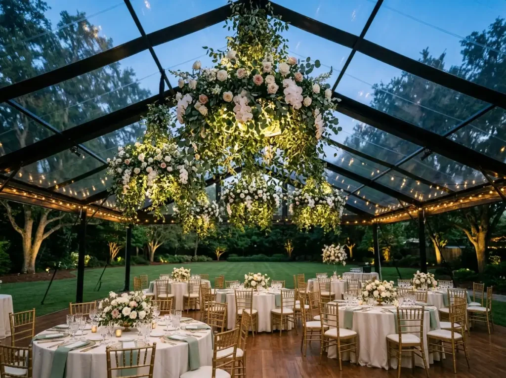 Botanical Chandelier Pavilion Inspiration Tradi Botanical chandeliers above dini…