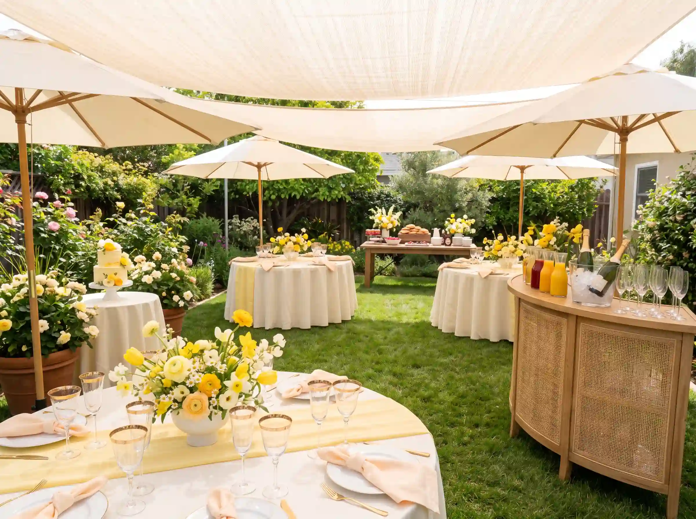 Bright butter yellow garden brunch reception with cream parasols mimosa bar and yellow ranunculus arrangements