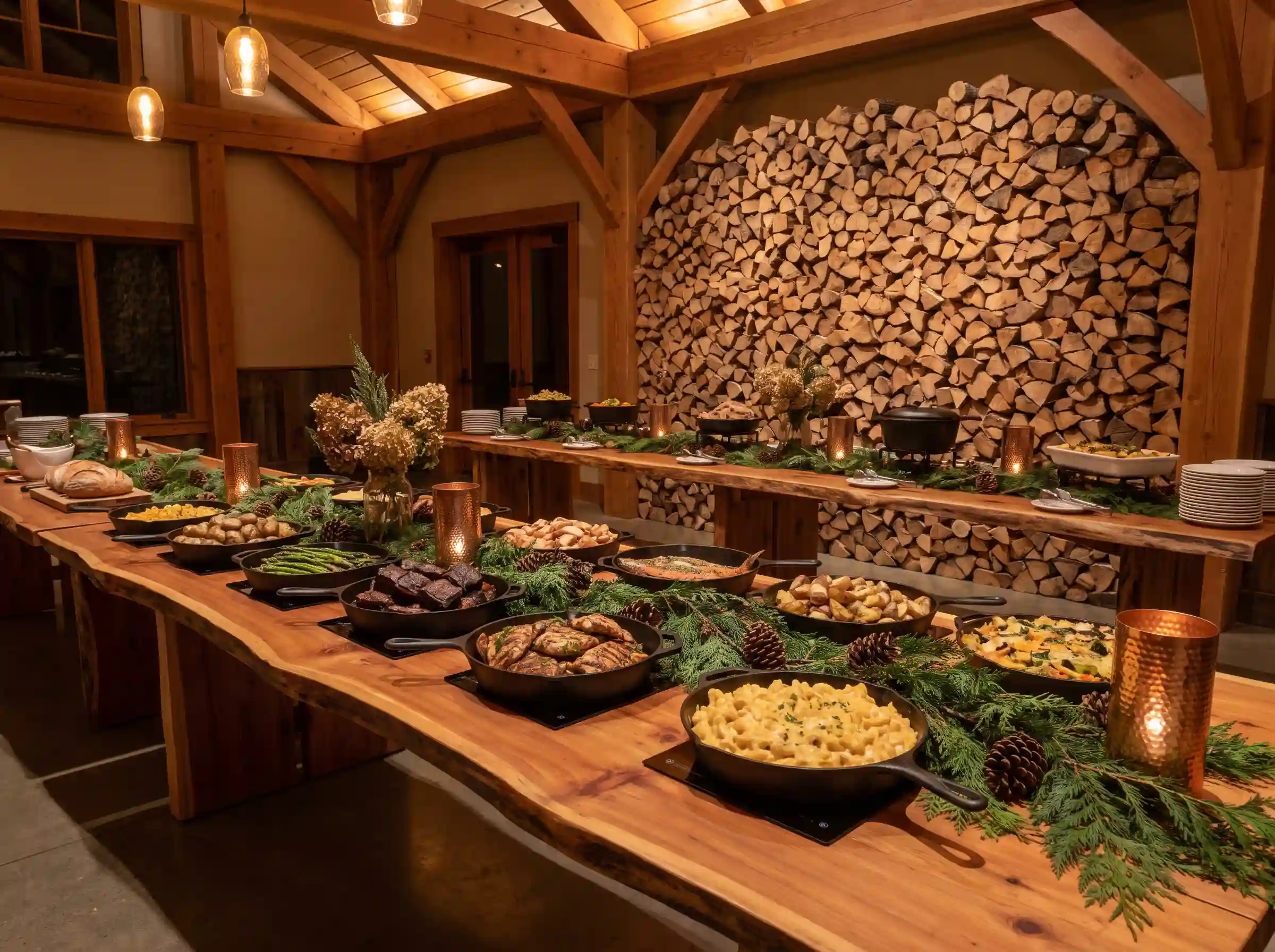 Mountain lodge wedding grill buffet with cedar tables and stacked firewood wall installation