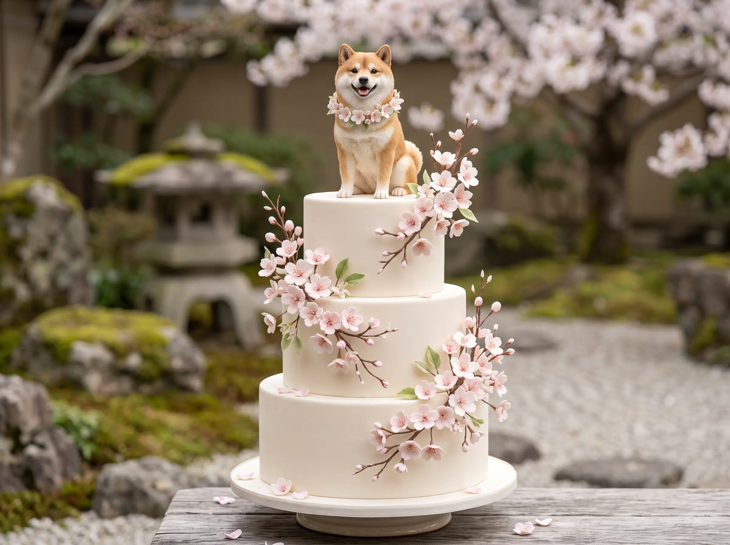 Cherry blossom inspired wedding cake with Shiba Inu figurine topper and Japanese floral design