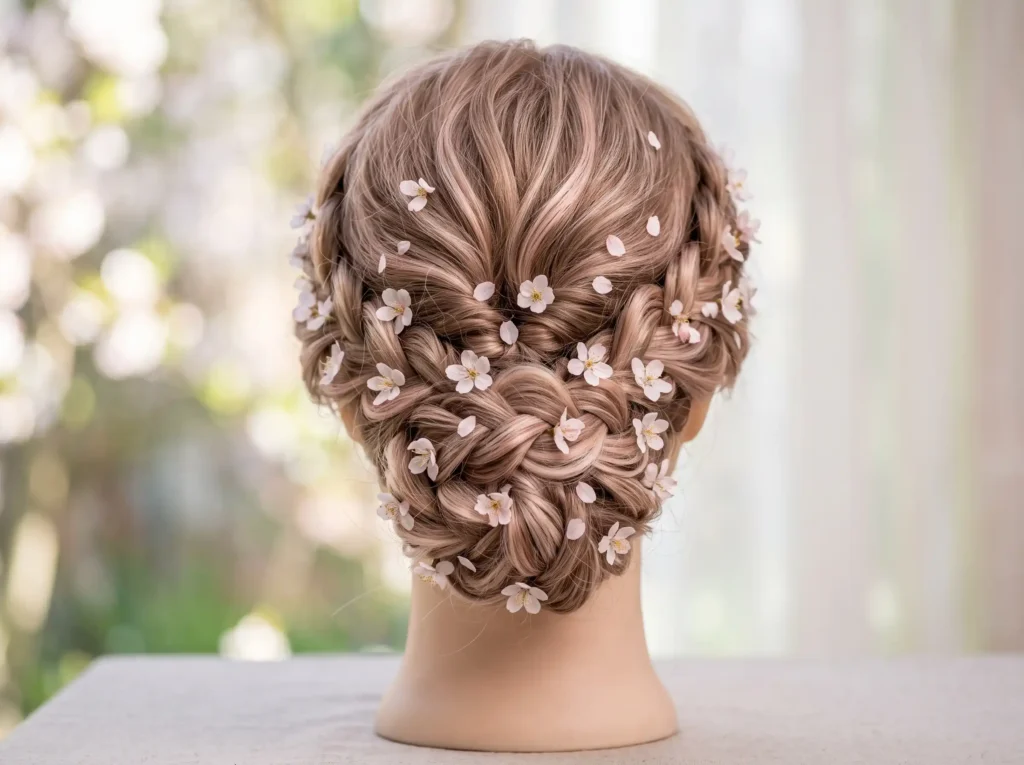 Cherry Blossom Whisper Inspiration Delicate spr Braided bun with cherry blossoms