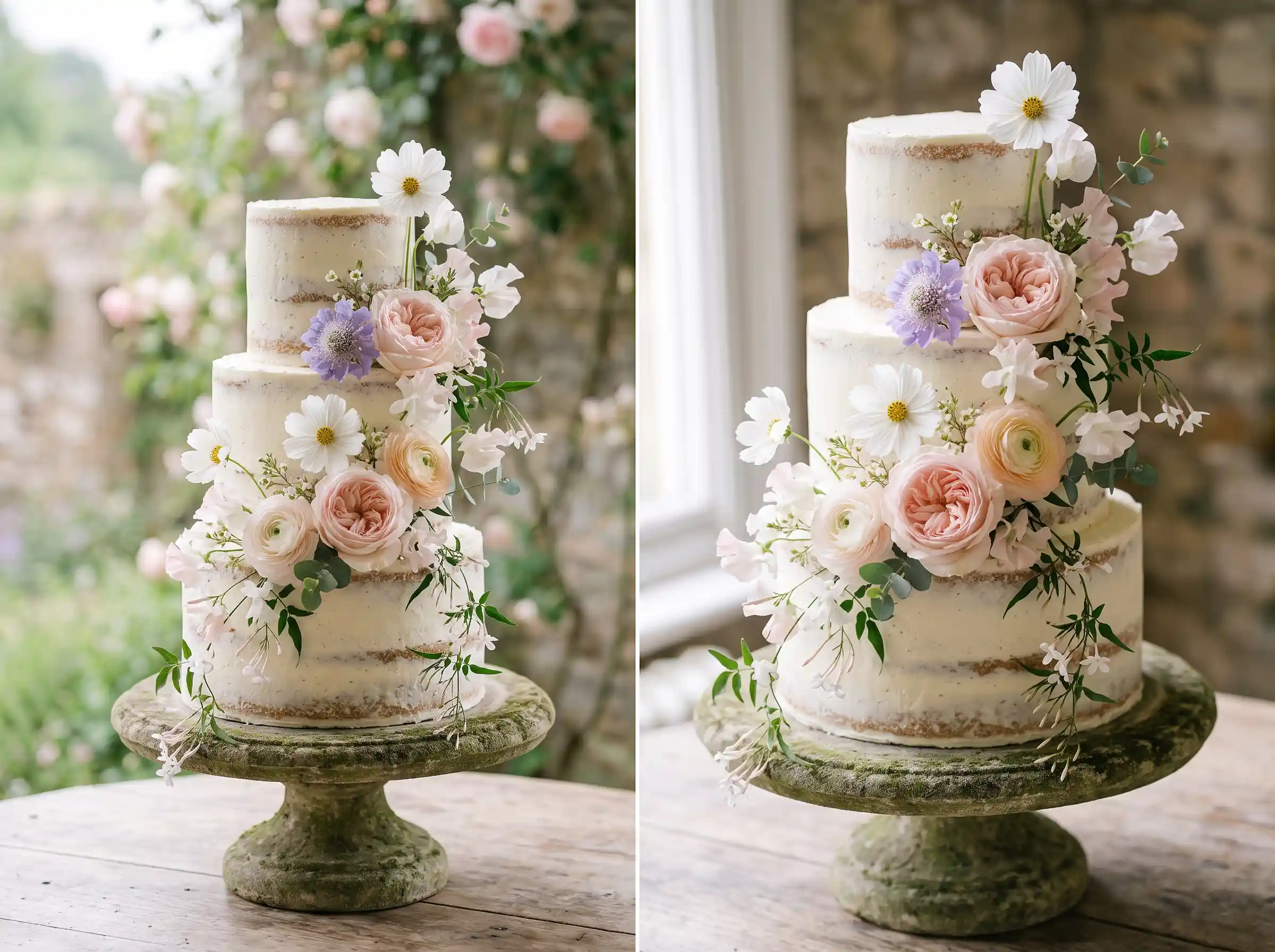 English cottage garden wedding cake with mixed fresh flowers cascading in colorful floral abundance