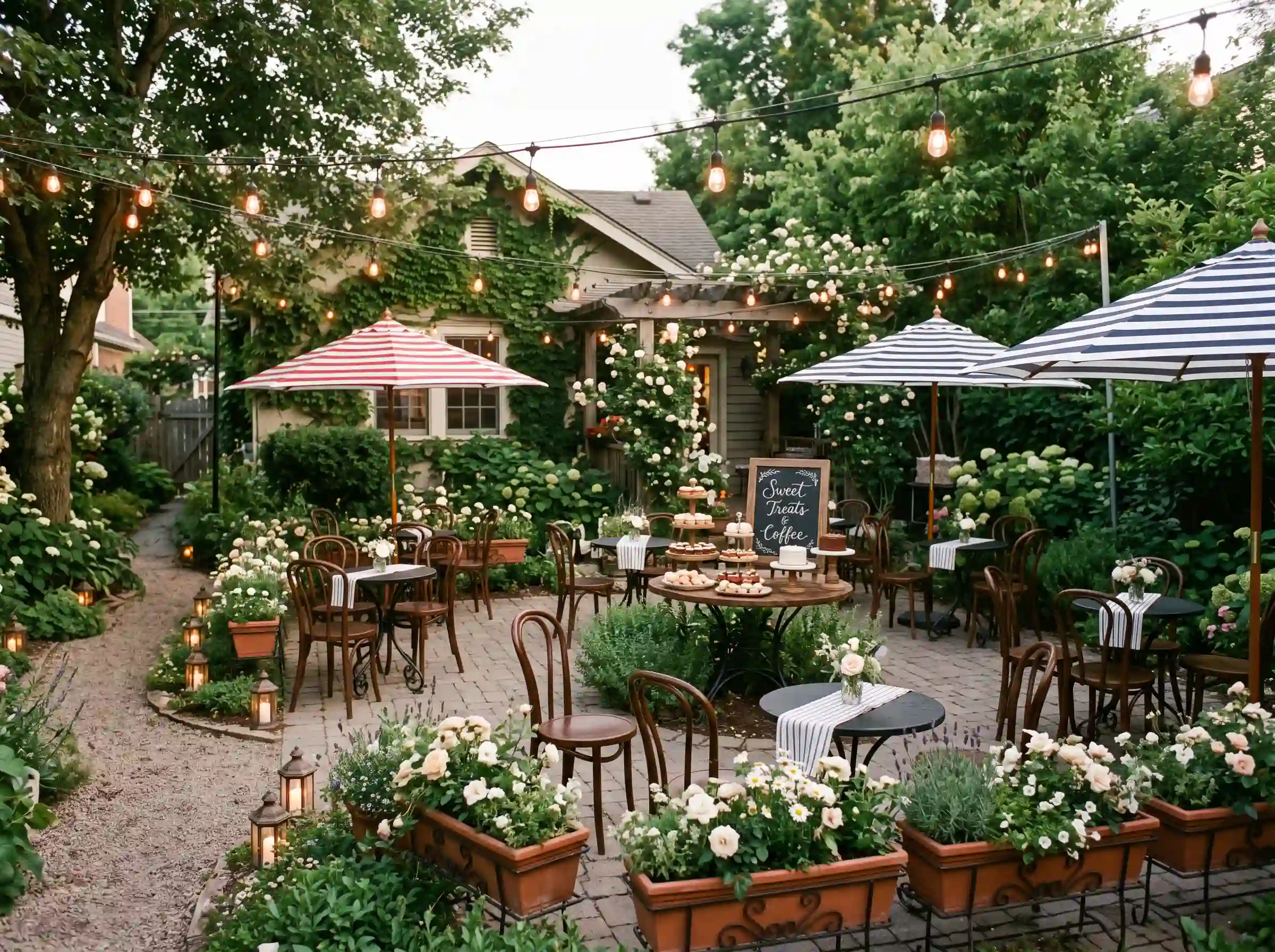 Charming bistro garden reception with café tables, bentwood chairs, striped umbrellas, and flower boxes