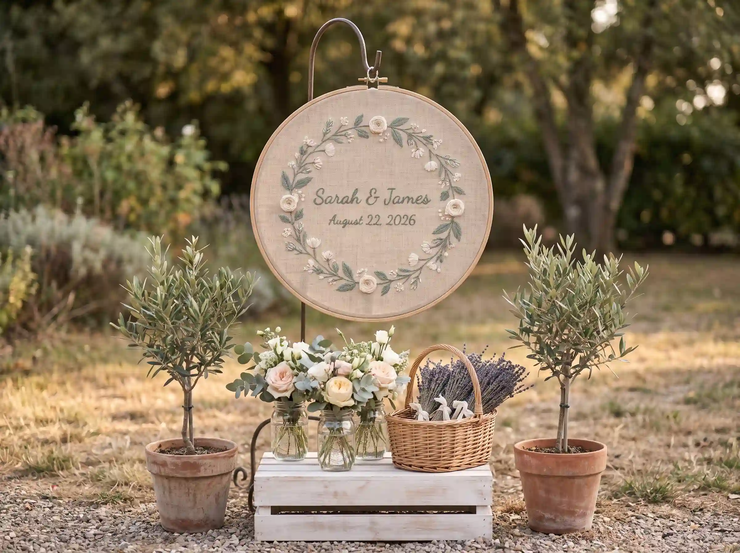 Large embroidery hoop welcome sign on shepherd hook with garden roses in mason jars and potted olive trees