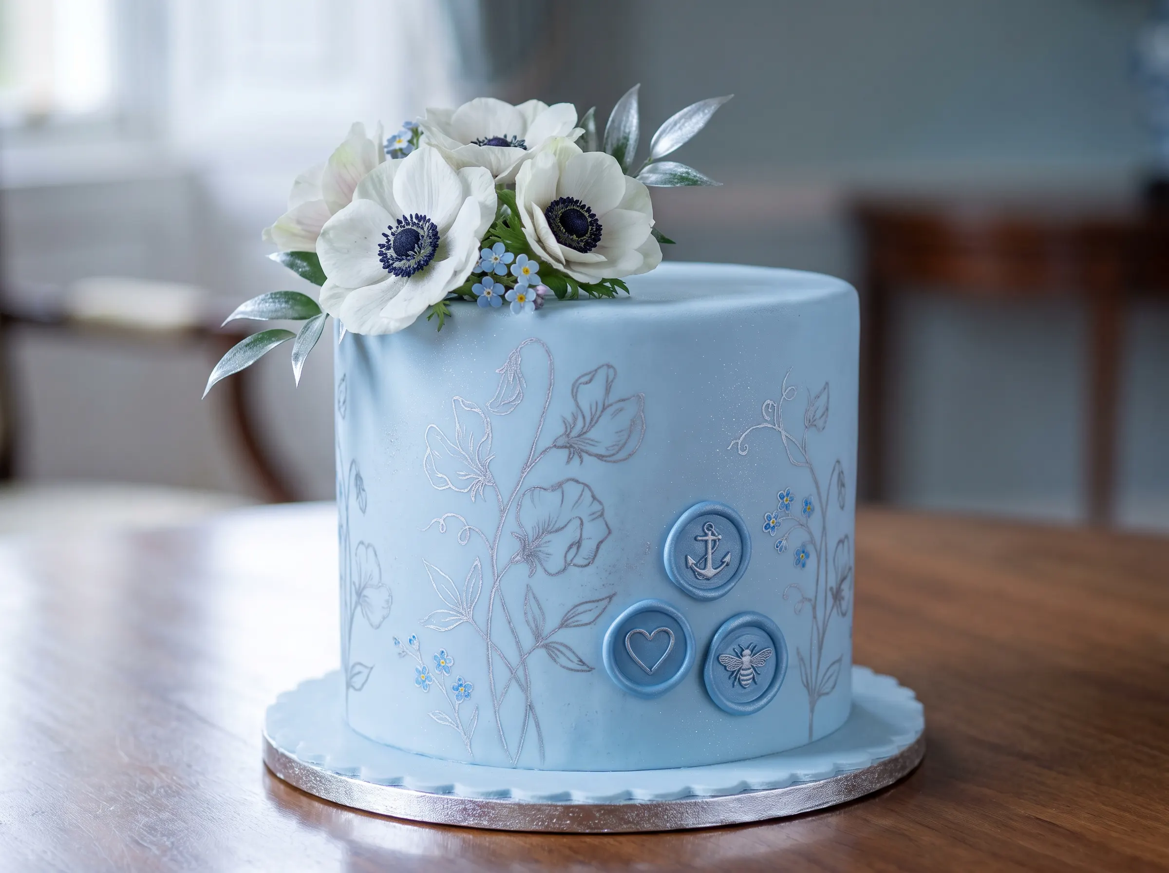 Ice blue single-tier cake with painted florals, wax seal medallions, and white anemones on top