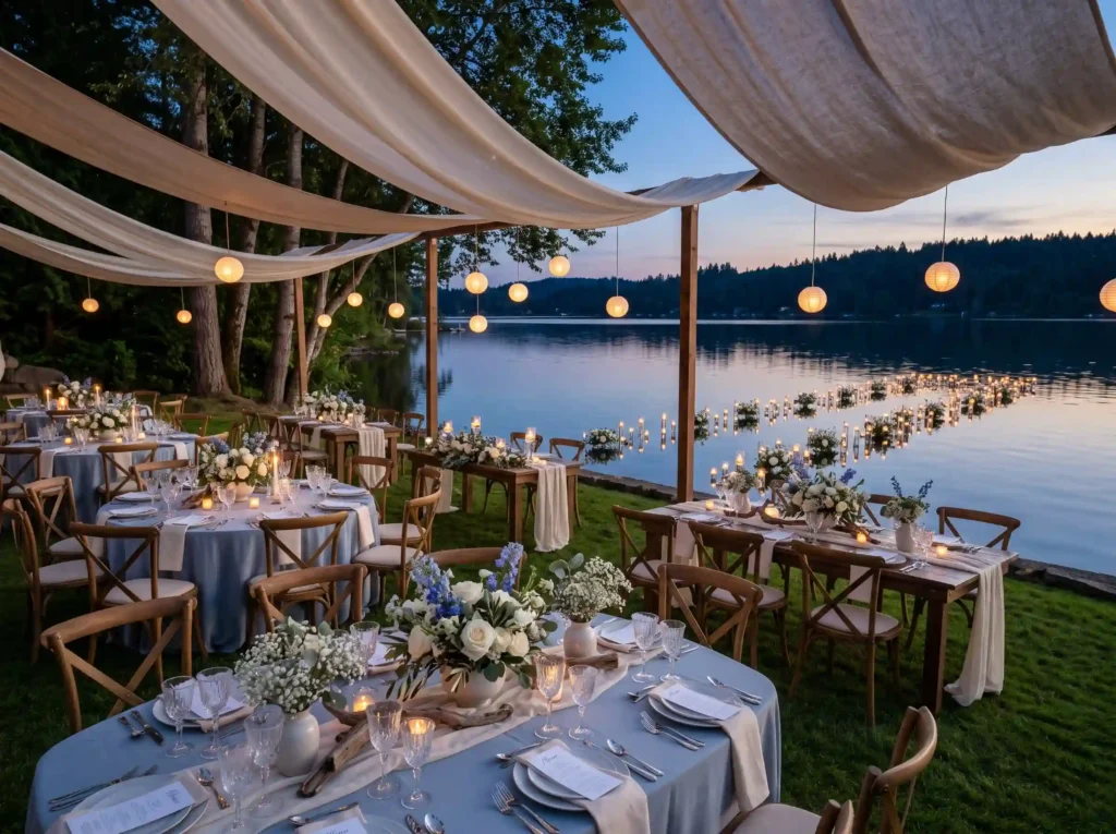 Lakeside Luxe Retreat Inspiration Designed to c Lakeside wedding reception elega… K