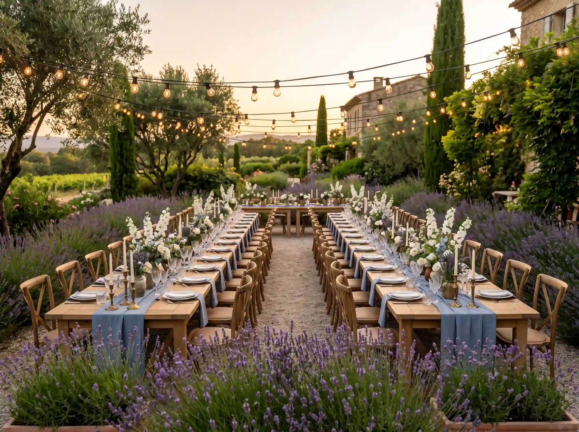 Lavender meadow evening dinner with long communal tables surrounded by fragrant lavender planters and market lights