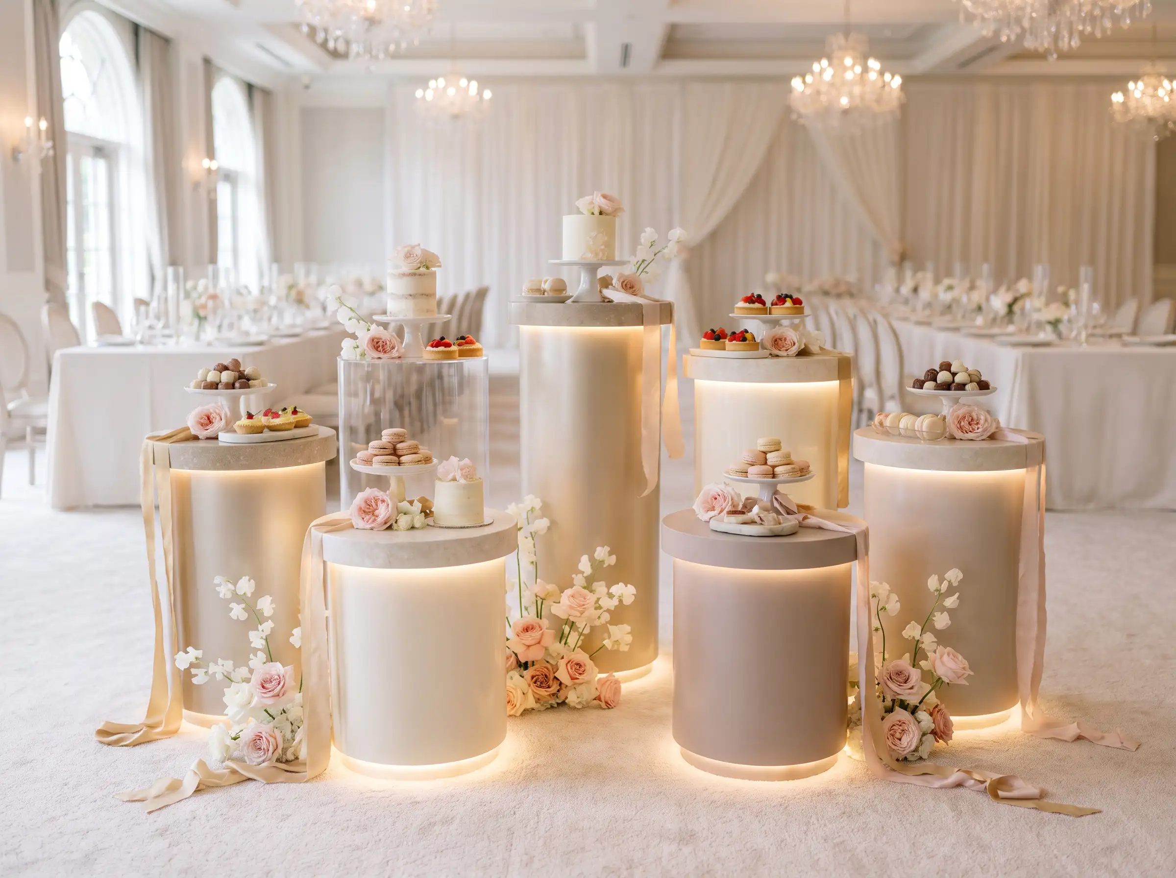 Luxury dessert pedestals displaying petite cakes macarons and chocolates with blush rose styling