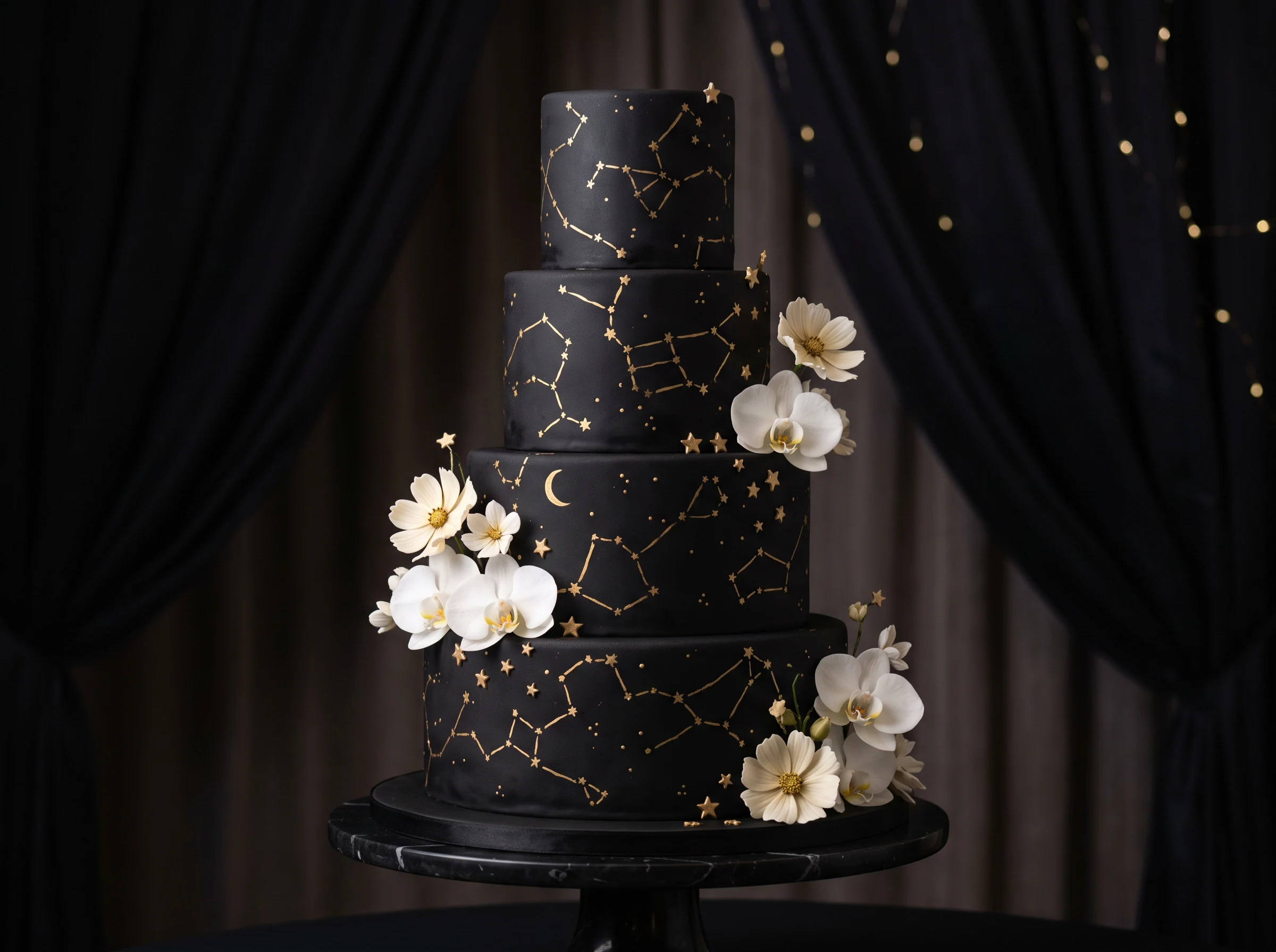 Dramatic dark celestial wedding cake in midnight blue and black with stars and moon cosmic details