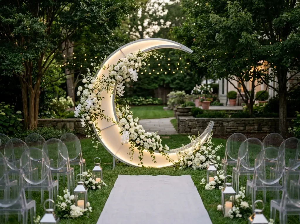 Moon Arch Elegance Inspiration Celestial inspir Moon arch ceremony elegant backyard