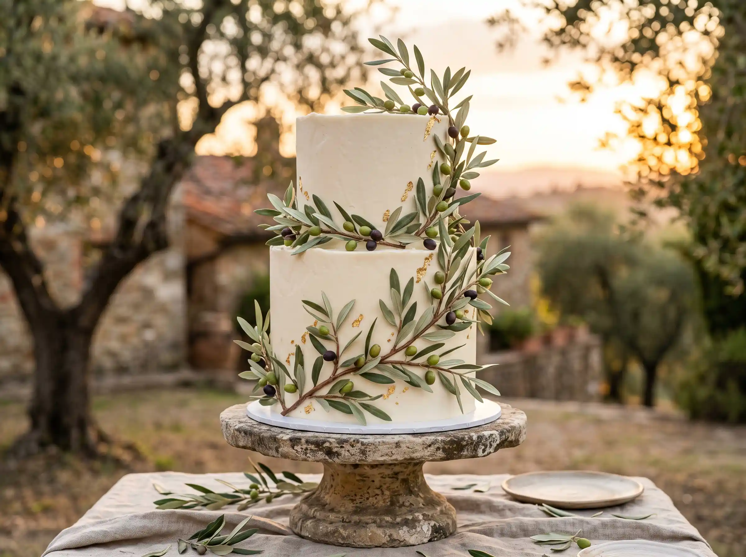 Mediterranean-inspired two-tier wedding cake decorated with fresh olive branch sprigs and greenery