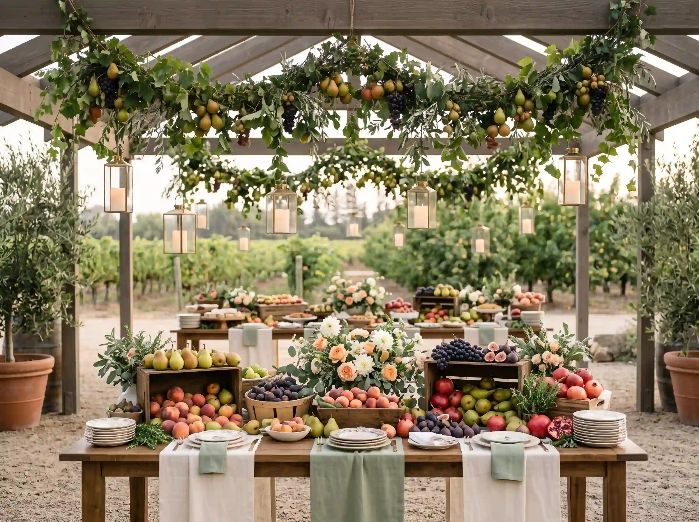 Rustic orchard wedding food display with fruit-filled crates, garden roses, and hanging lantern garland under a vineyard pergola
