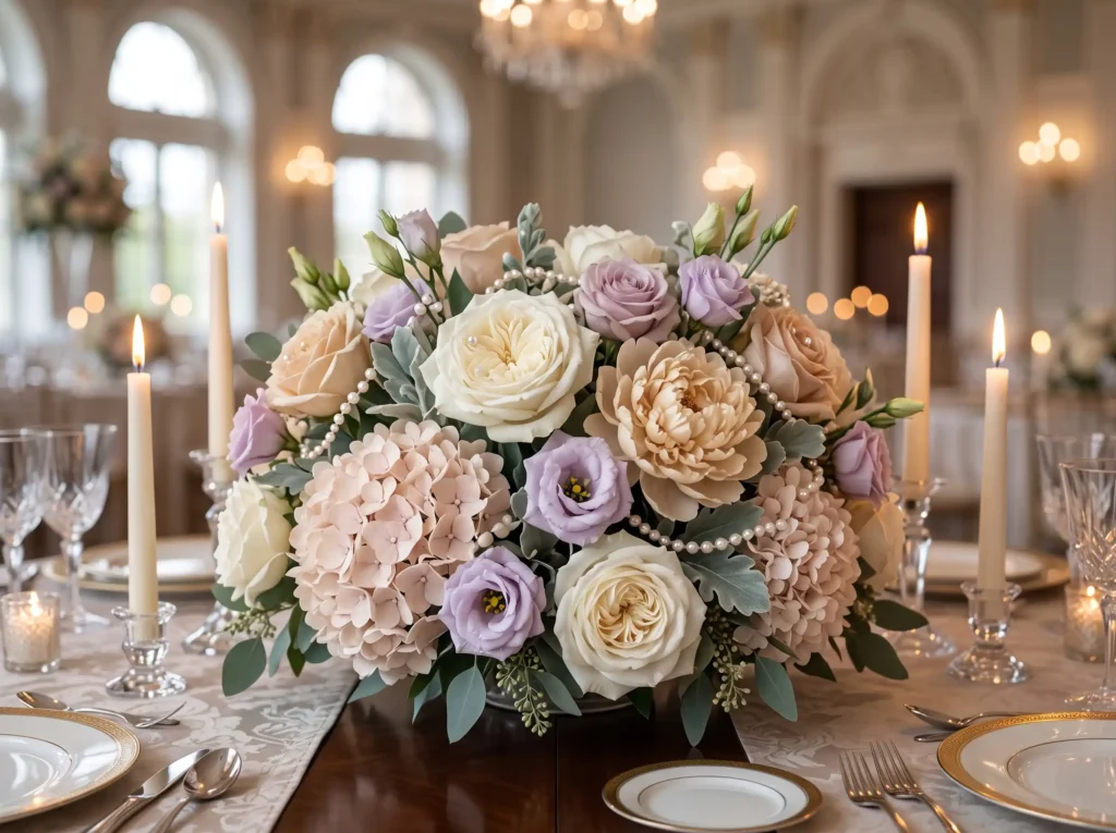Pearl Bloom Centerpiece Inspiration Elegant flo Pearl floral centerpiece with ca…