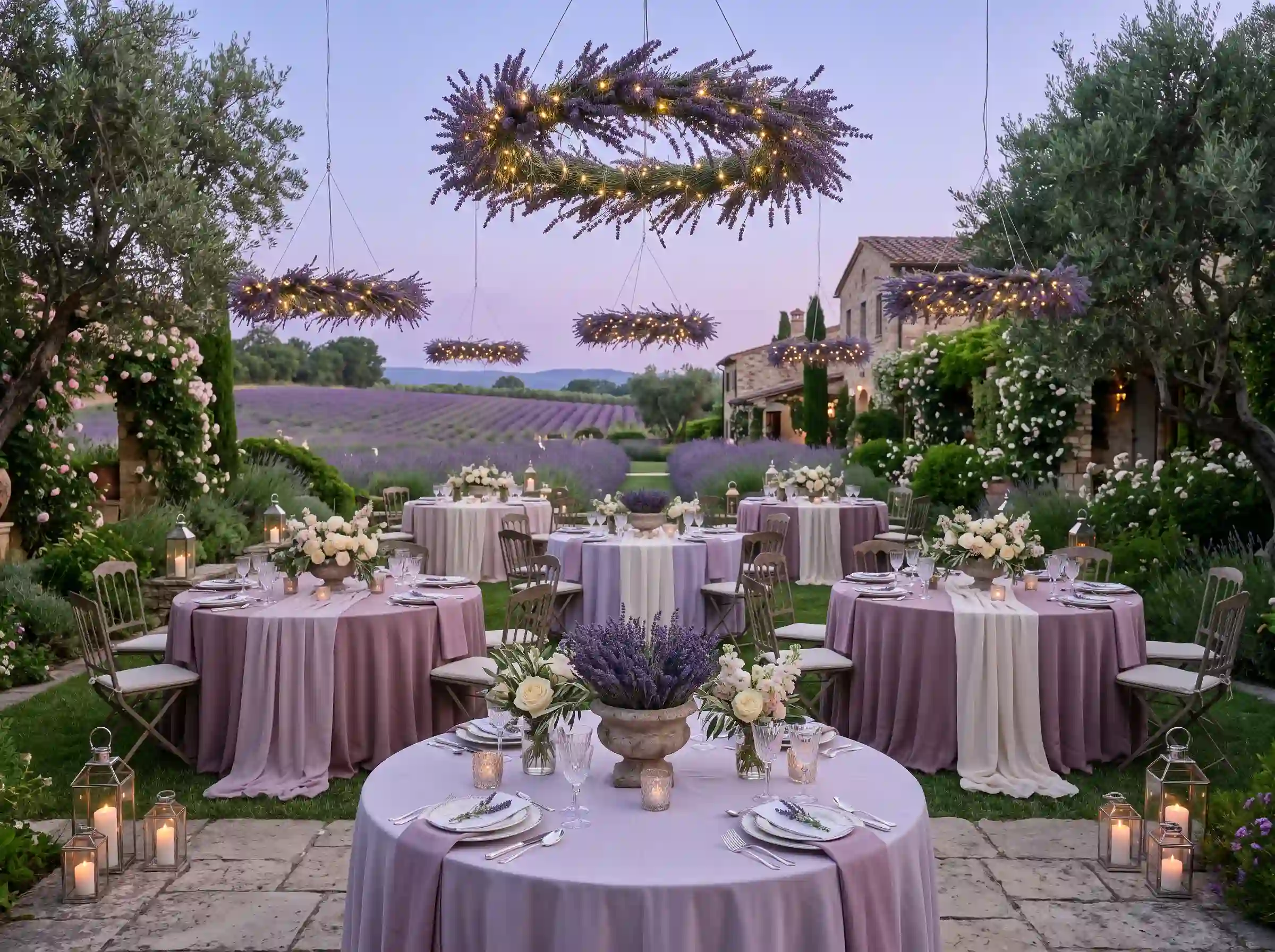 Romantic lavender estate evening wedding with purple lavender bundles and soft violet lighting in a garden