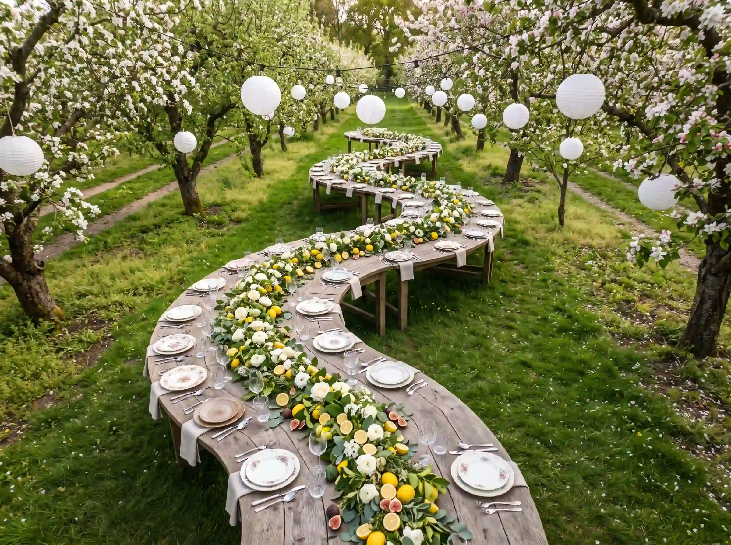 A long serpentine farm table winding through an orchard with white roses and lemon branch centerpiece runner