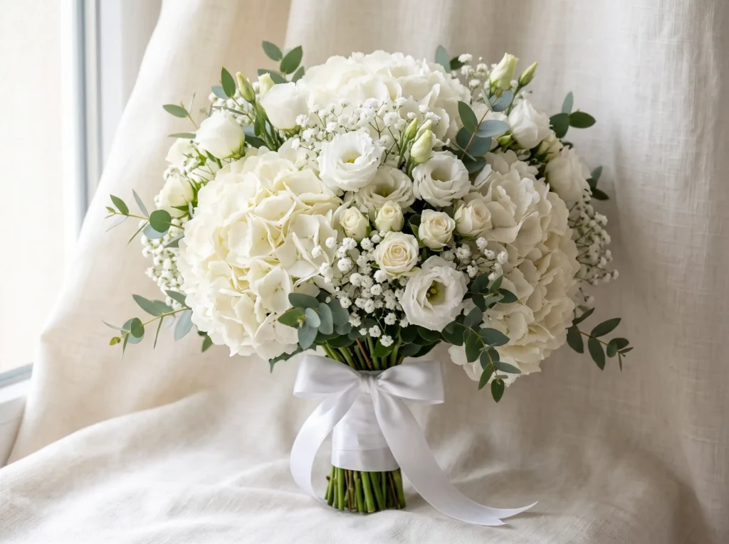Snowy Hydrangea Harmony Inspiration Abundant wh White hydrangeas spray roses bou…