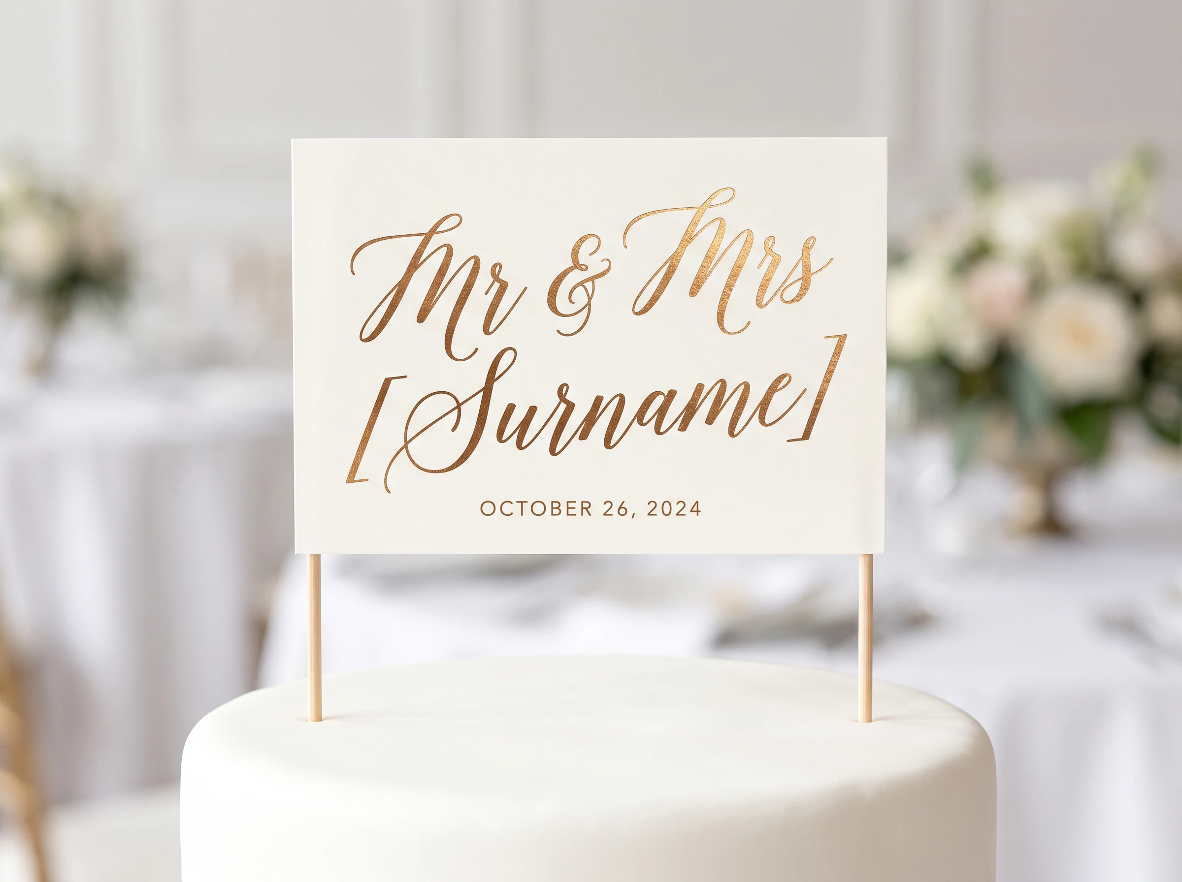 Gold foil calligraphy Mr and Mrs script wedding cake topper on ivory flag