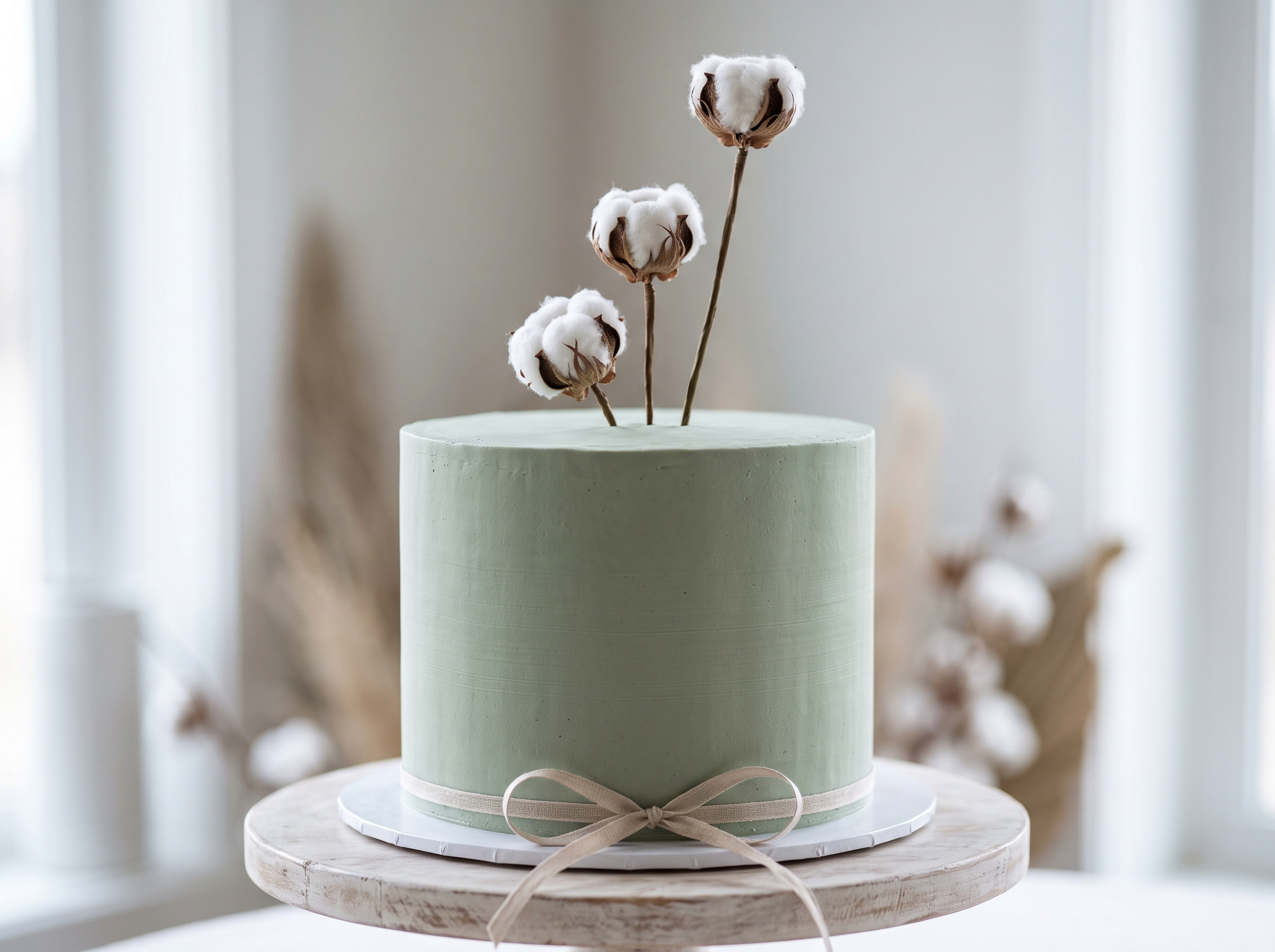 Tall single tier smooth sage green buttercream wedding cake with cotton boll stems and linen ribbon