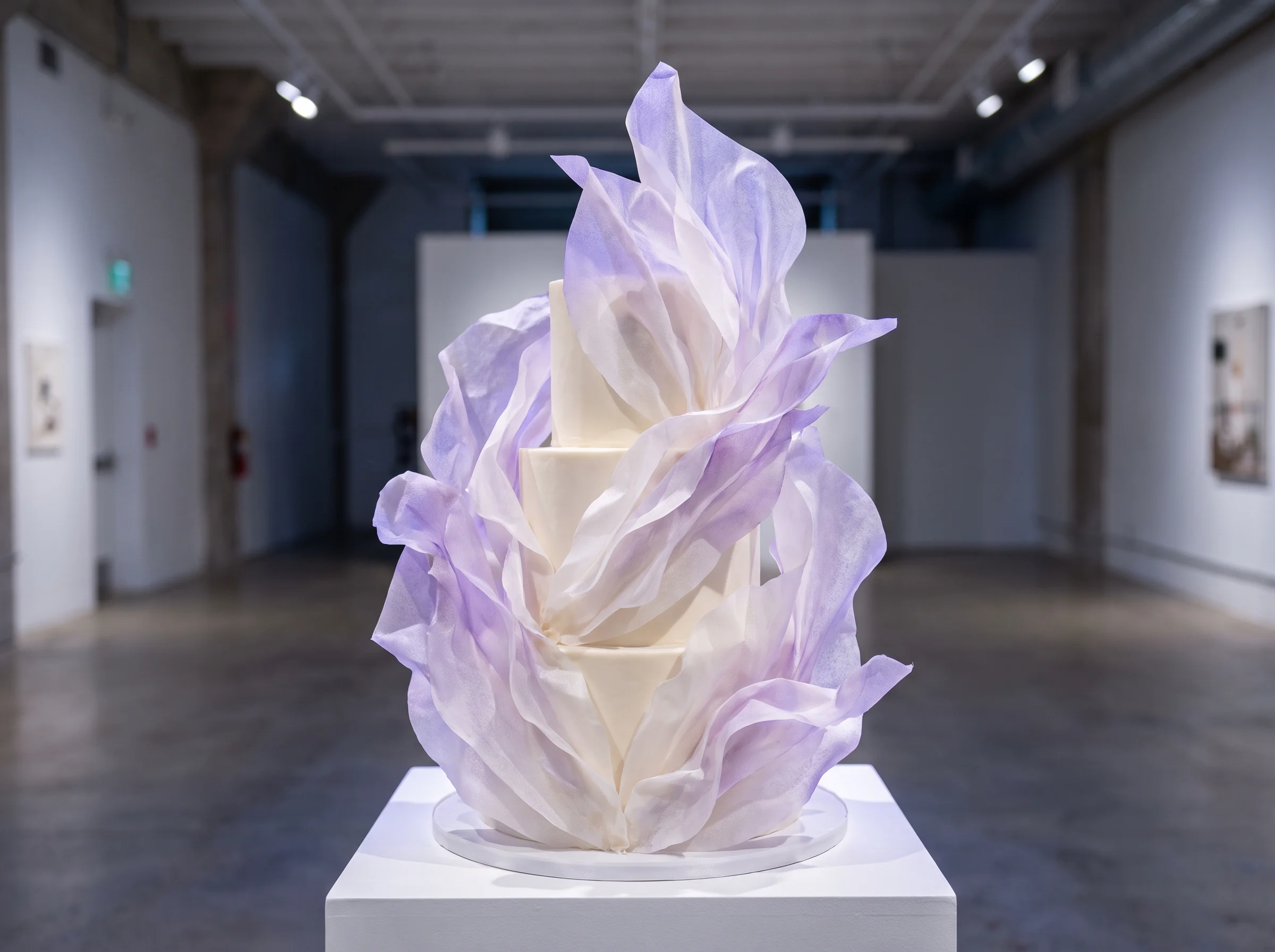 Three-tier wedding cake with dramatic wafer-paper sails and petals in ivory and pale lavender gradient