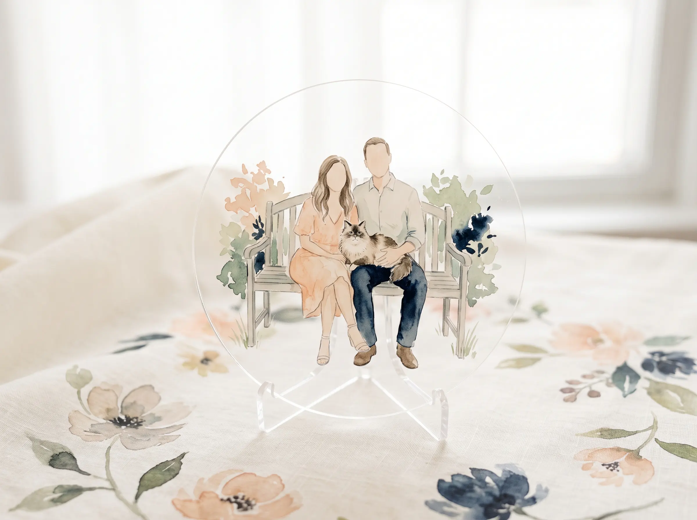Watercolor illustration acrylic cake topper featuring couple with cat on garden bench