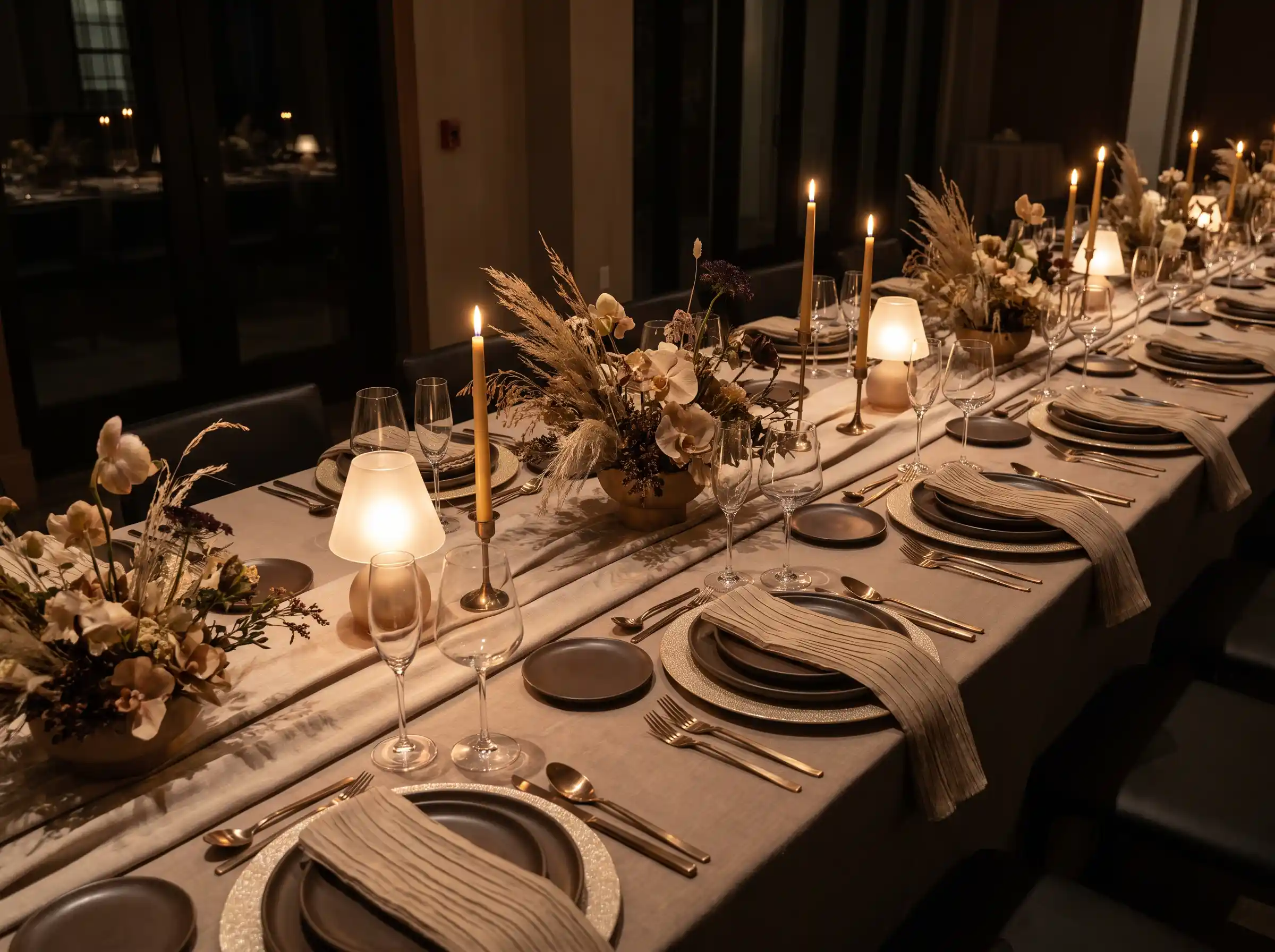 Monochromatic espresso toned wedding table with brown linens tonal ceramics and warm minimalism