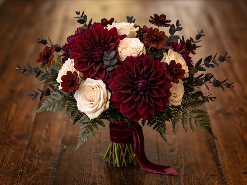 Velvet Dahlia Romance Inspiration Dramatic flor Burgundy dahlias ivory roses bou…