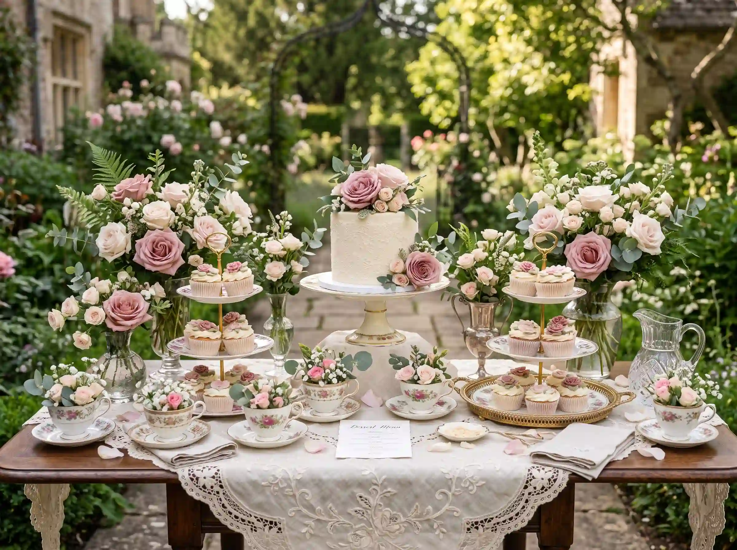 Vintage tea party dessert display featuring small wedding cake with cupcakes and antique serveware