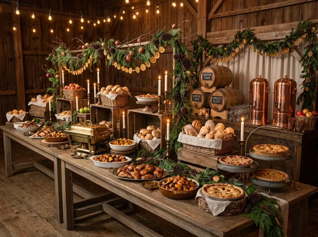 Winter orchard buffet wedding feast