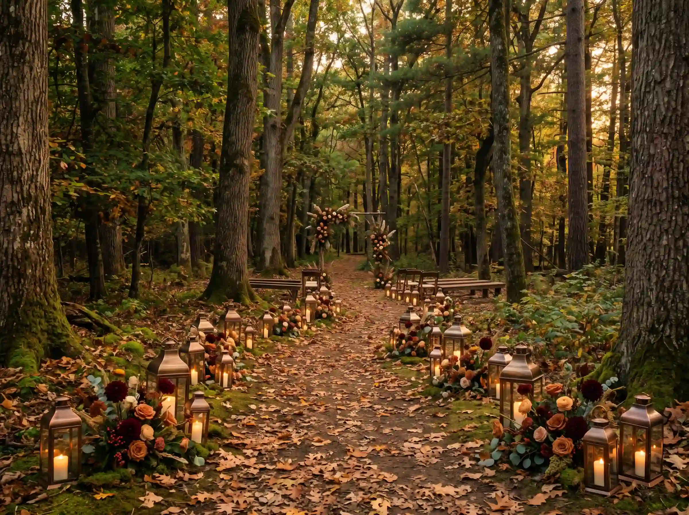 Enchanted forest wedding aisle lined with glowing lanterns autumn flowers and moss covered ground