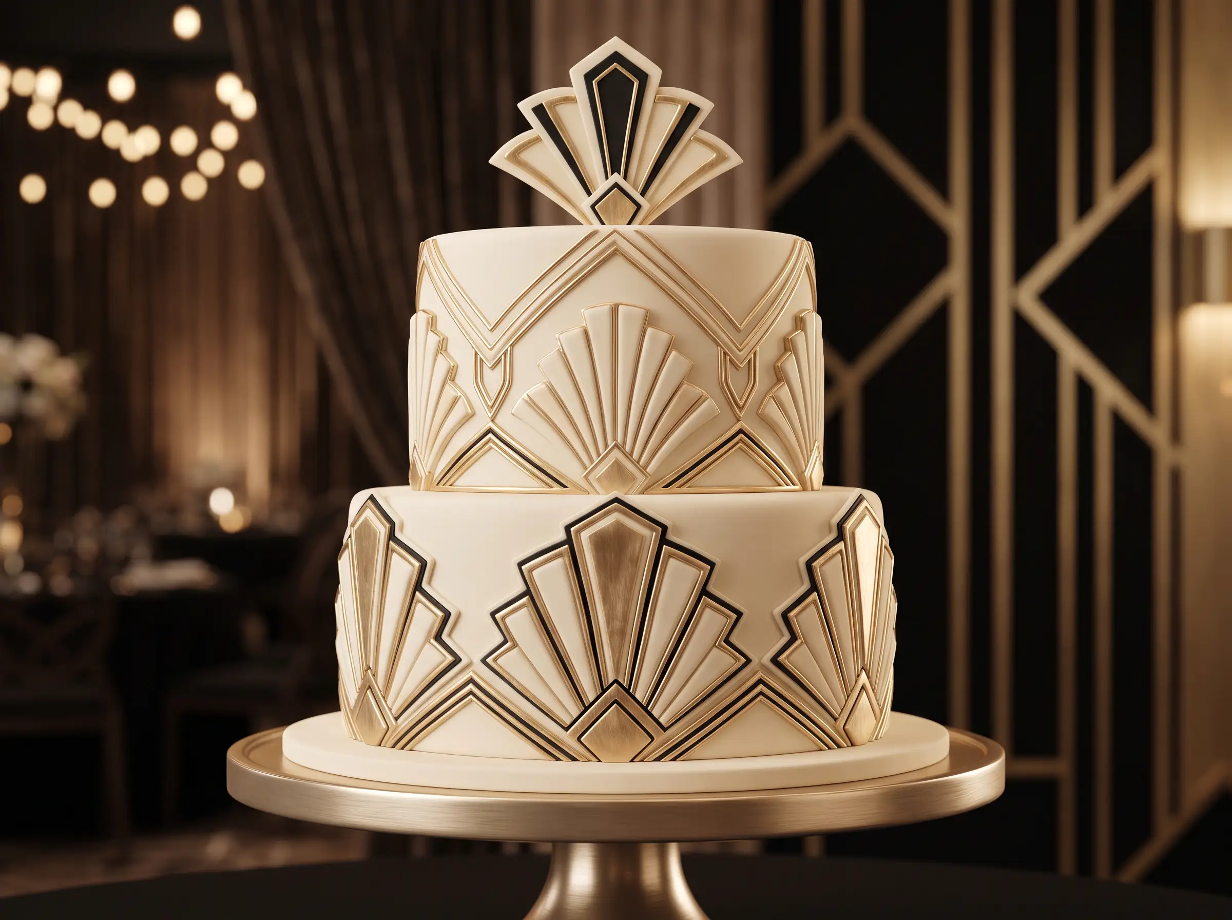Glamorous two-tier Art Deco wedding cake with gold geometric patterns and roaring twenties details