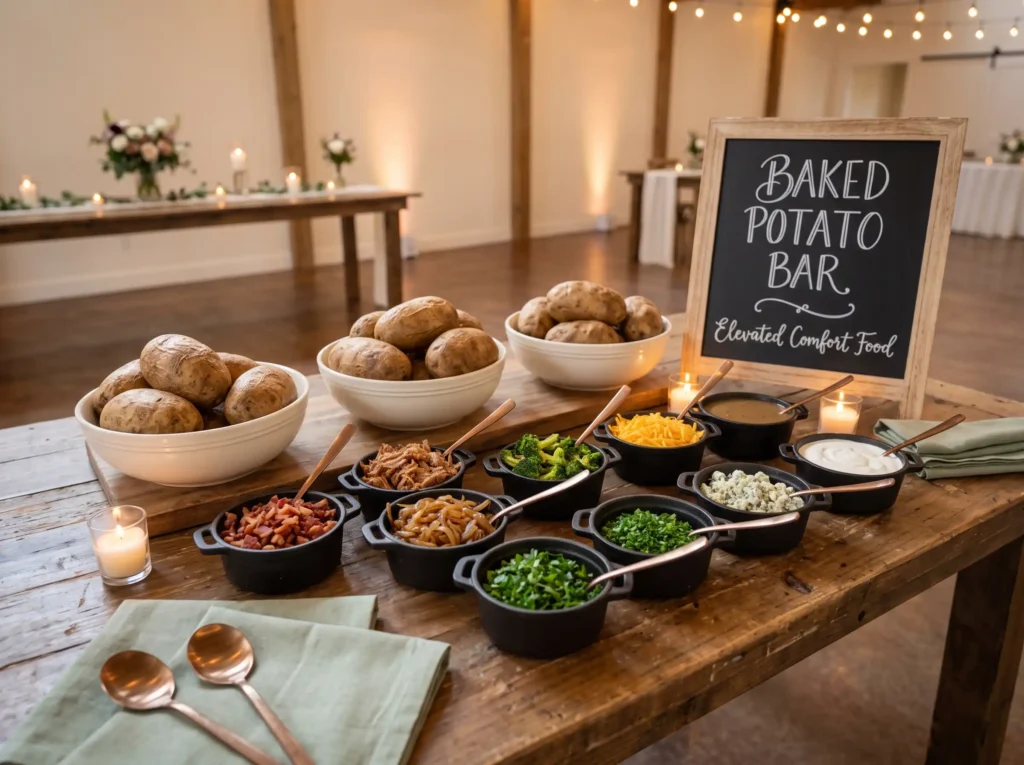 Baked Potato Bar Inspiration Comfort food becom Baked potato bar gourmet toppings