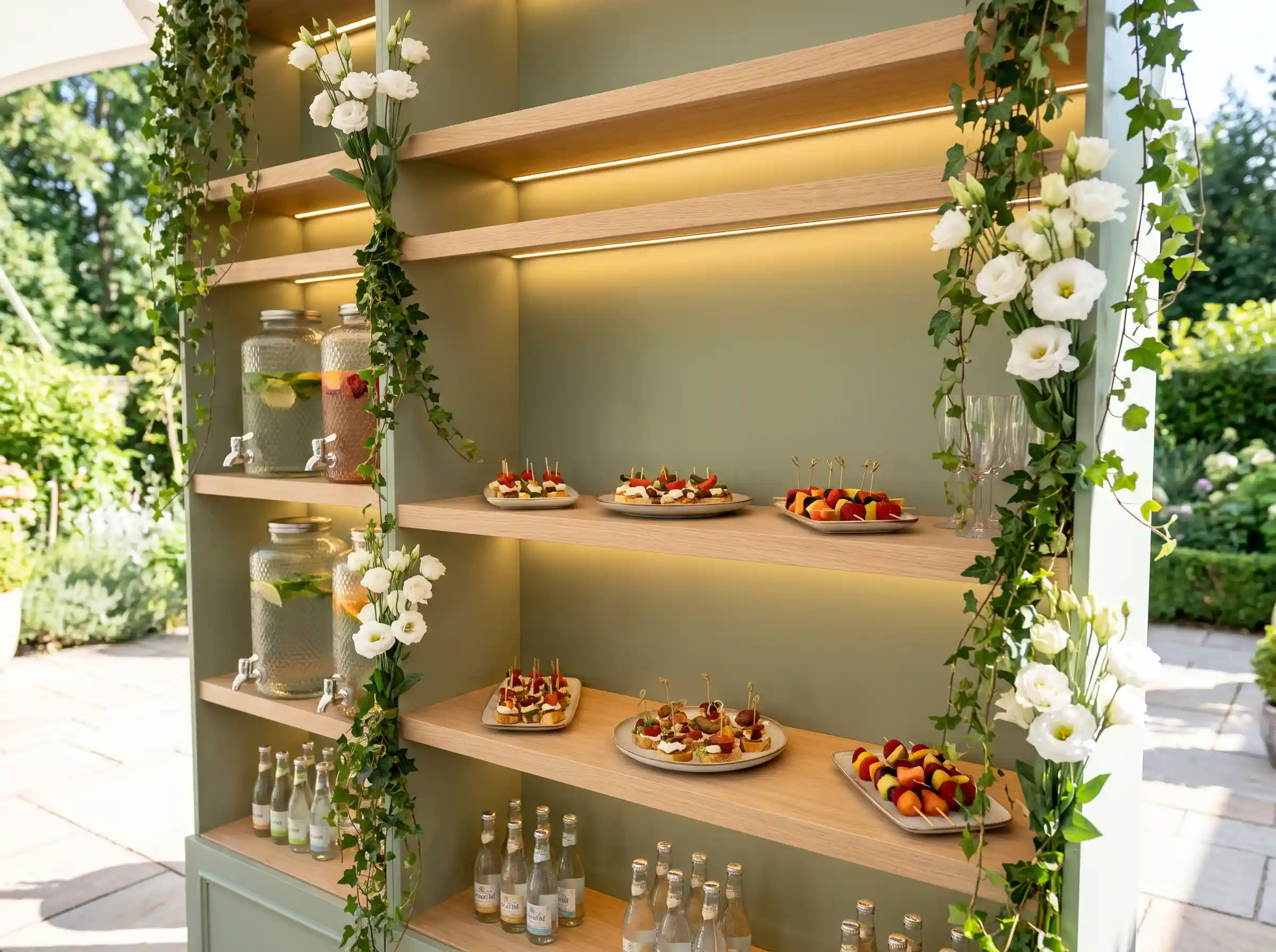 Botanical beverage and snack shelf with infused water dispensers cascading ivy and oak shelving
