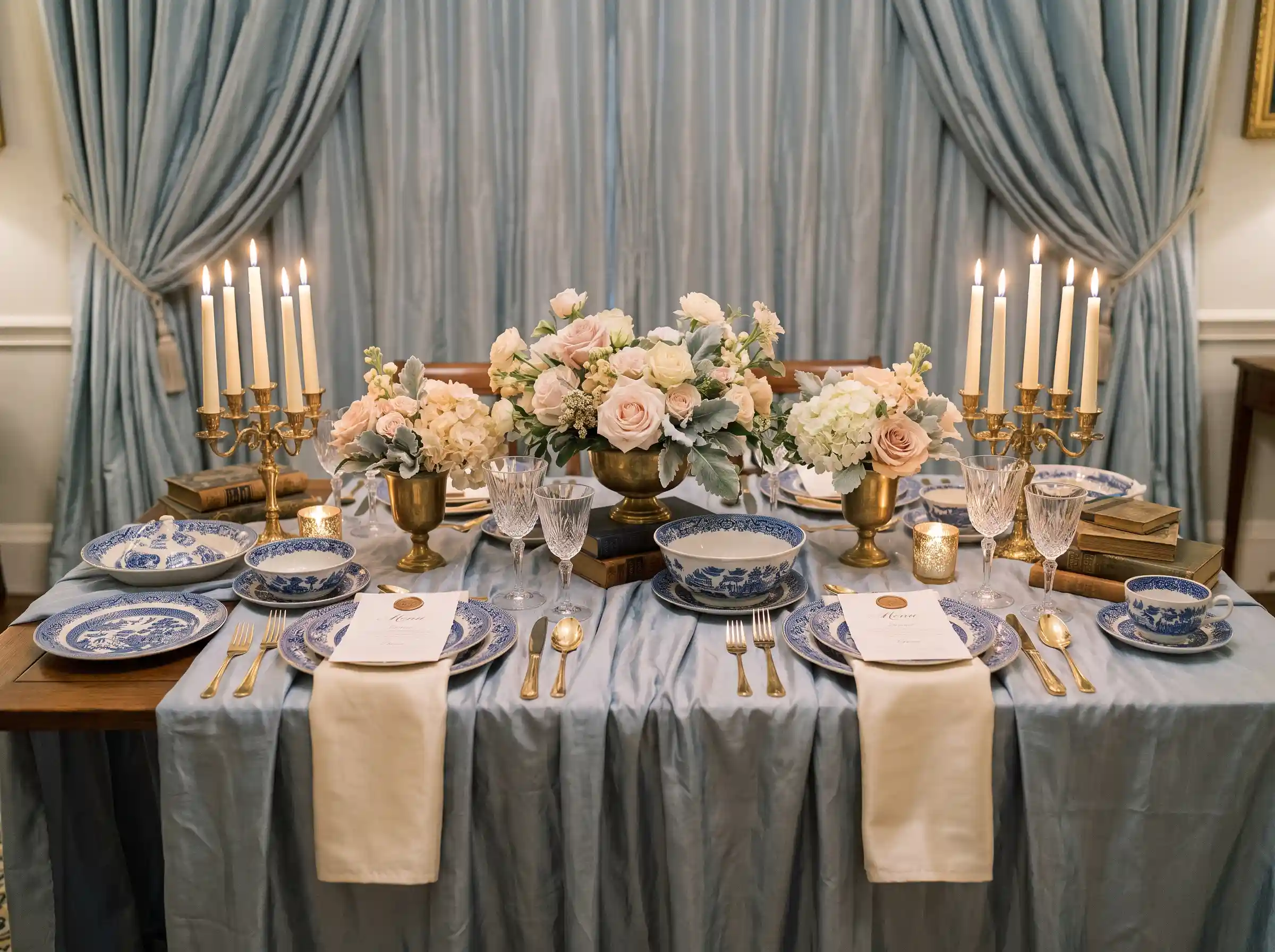 Regency era inspired wedding table with blue chinoiserie plates gold accents and white peonies