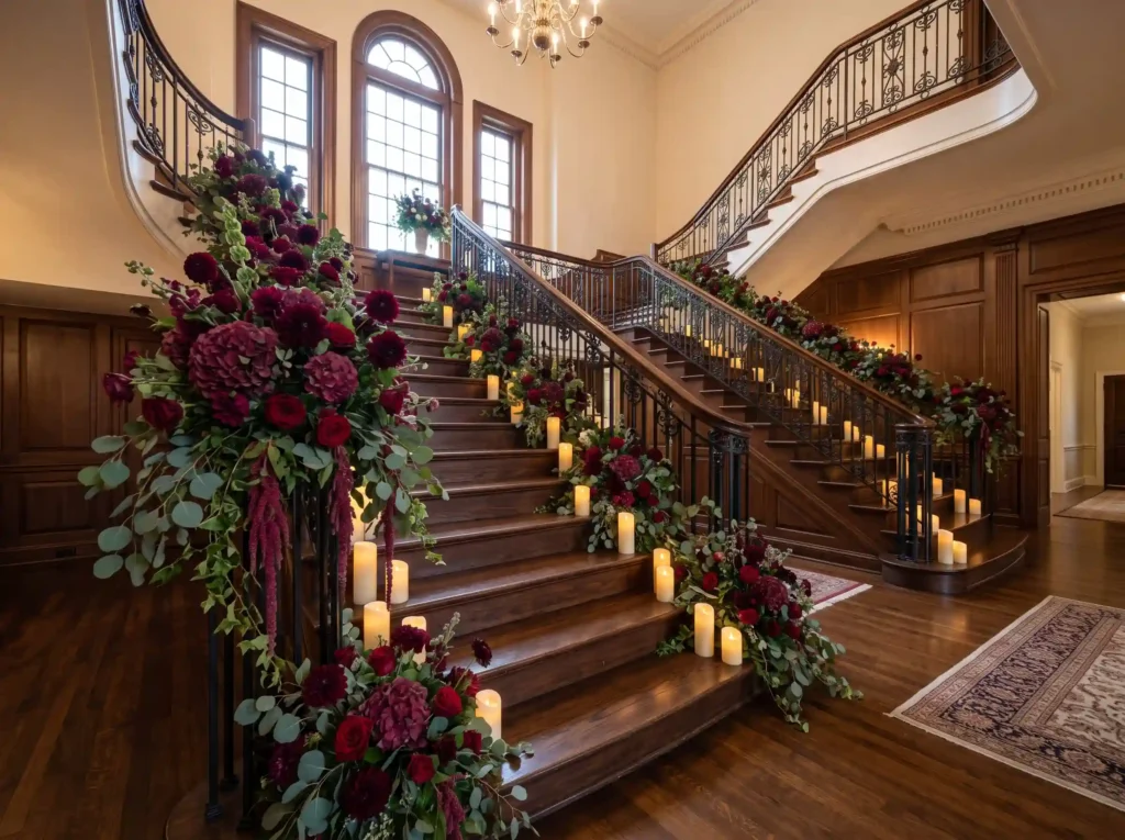 Burgundy Staircase Floral Cascade Inspiration G Burgundy staircase floral cascade K